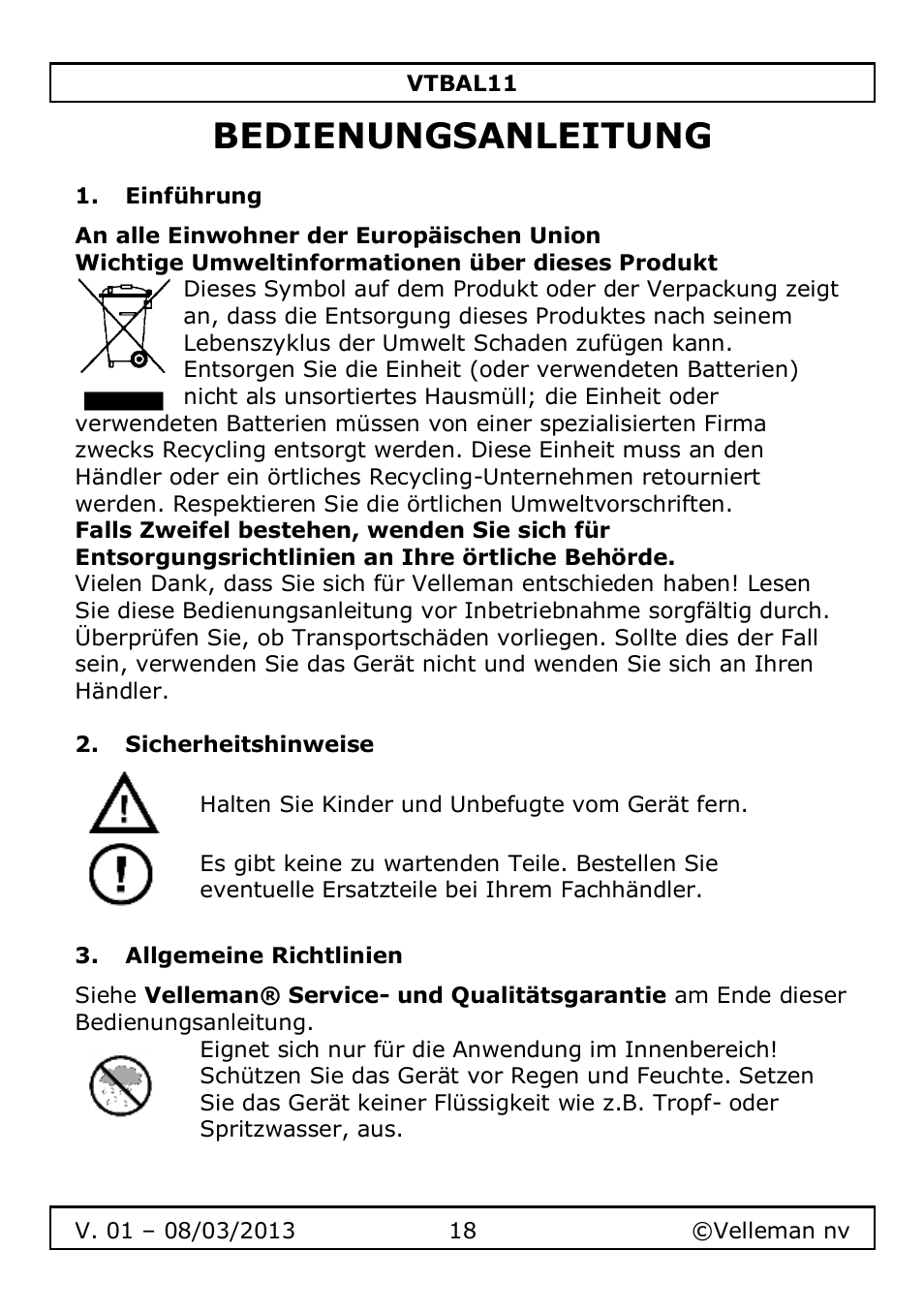 Bedienungsanleitung, Einführung, Sicherheitshinweise | Allgemeine richtlinien | Velleman VTBAL11 User Manual | Page 18 / 36