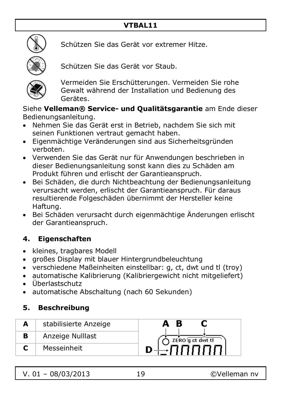 Eigenschaften, Beschreibung | Velleman VTBAL11 User Manual | Page 19 / 36