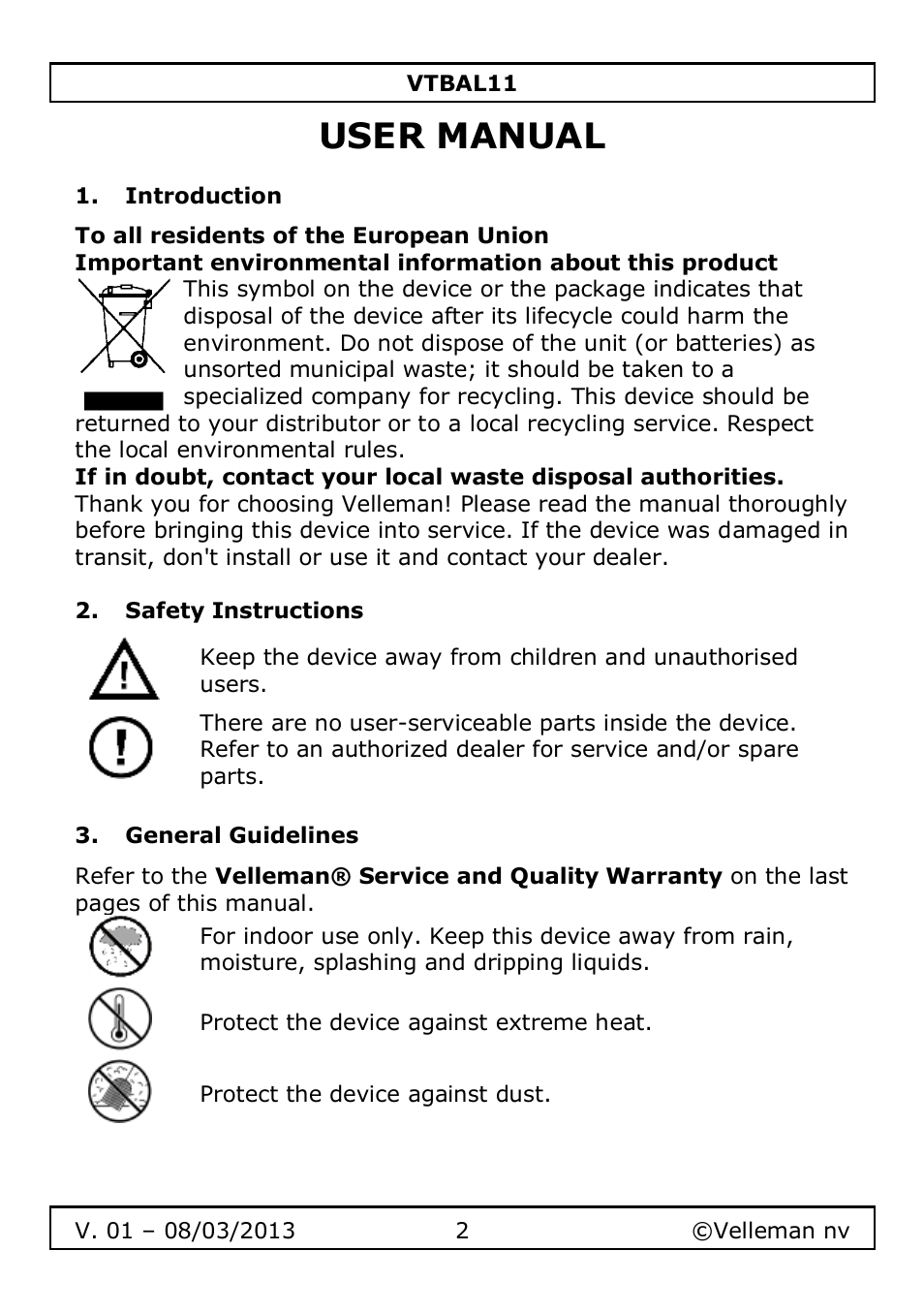 User manual, Introduction, Safety instructions | General guidelines | Velleman VTBAL11 User Manual | Page 2 / 36