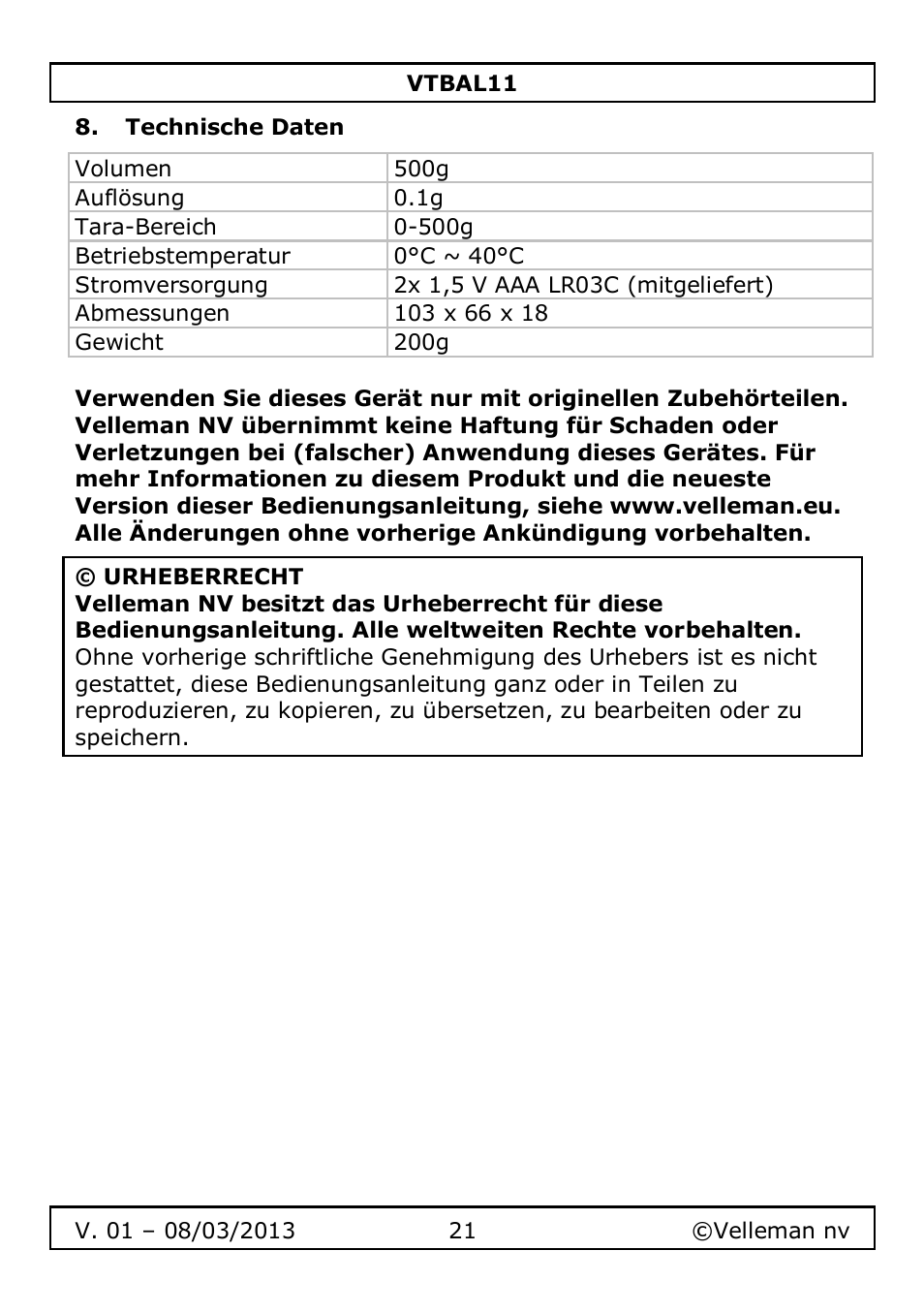 Technische daten | Velleman VTBAL11 User Manual | Page 21 / 36