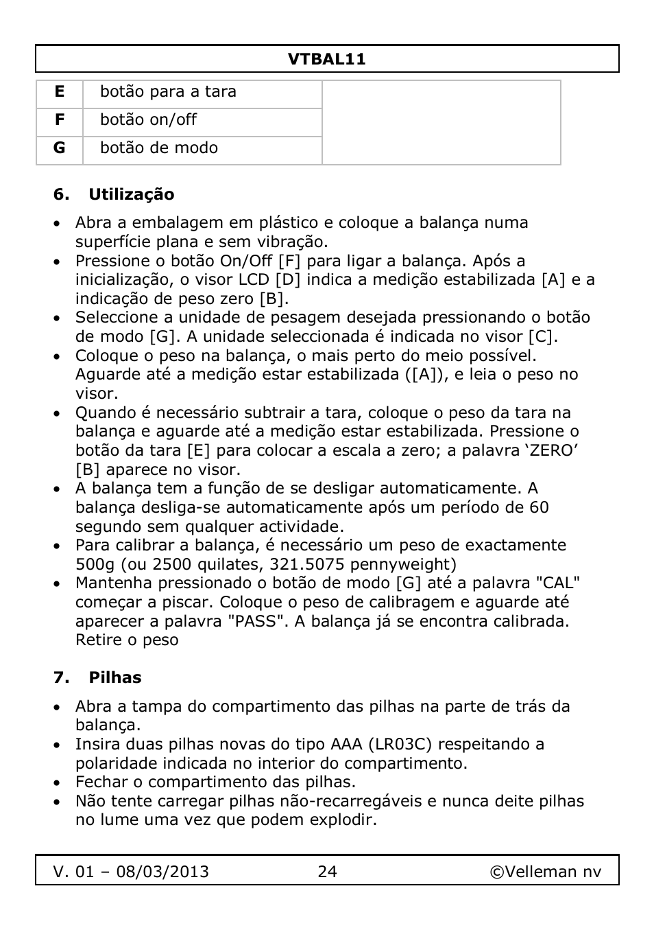 Utilização, Pilhas | Velleman VTBAL11 User Manual | Page 24 / 36