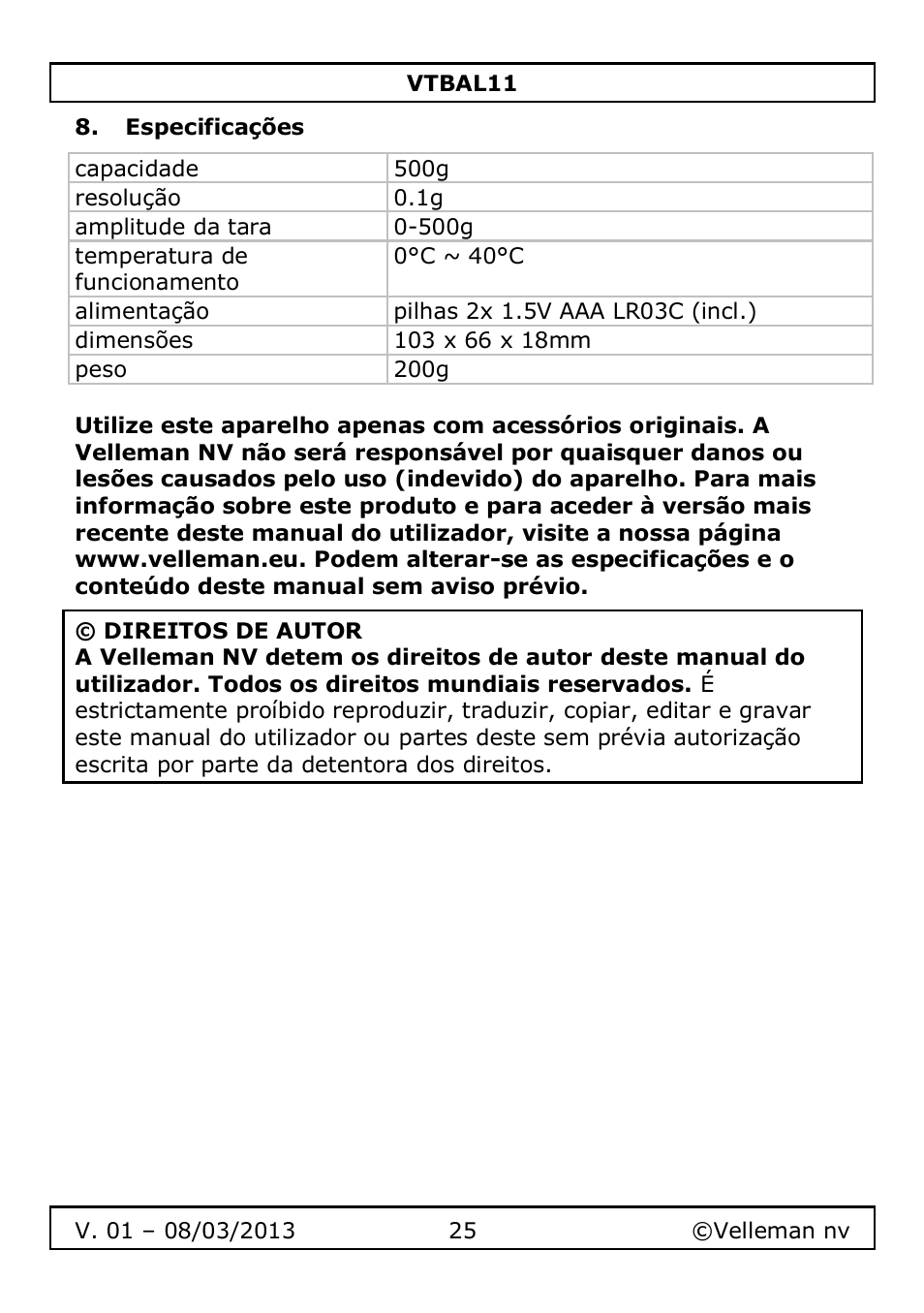 Especificações | Velleman VTBAL11 User Manual | Page 25 / 36