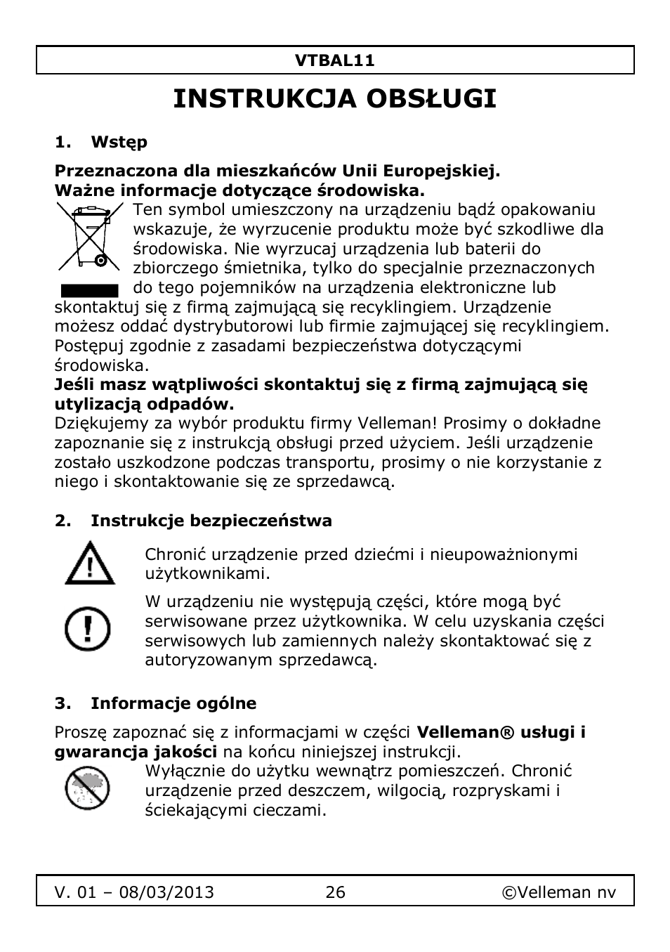 Instrukcja obsługi, Wstęp, Instrukcje bezpieczeństwa | Informacje ogólne | Velleman VTBAL11 User Manual | Page 26 / 36