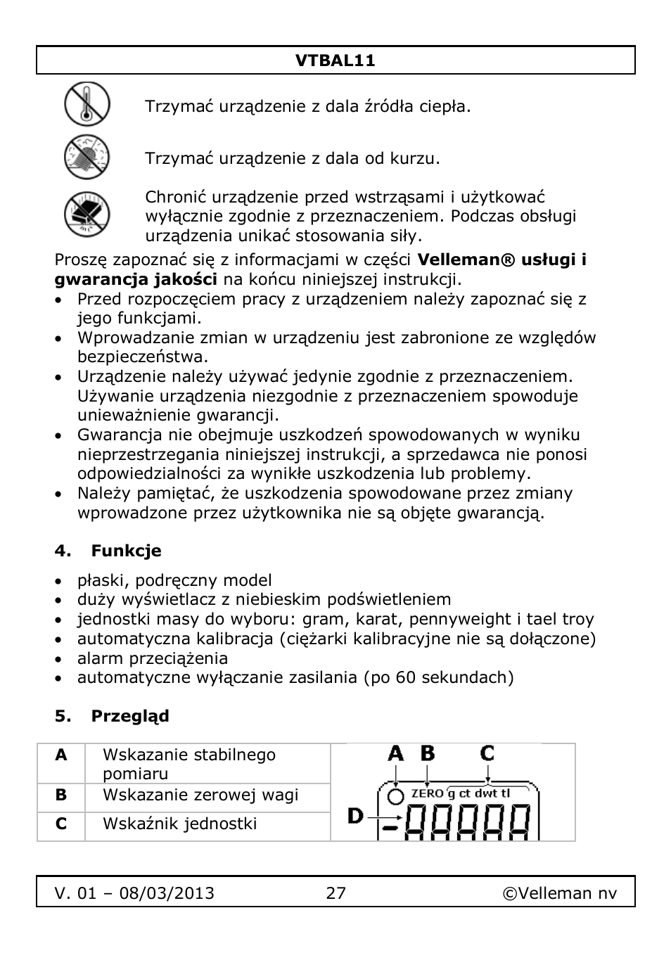 Funkcje, Przegląd | Velleman VTBAL11 User Manual | Page 27 / 36