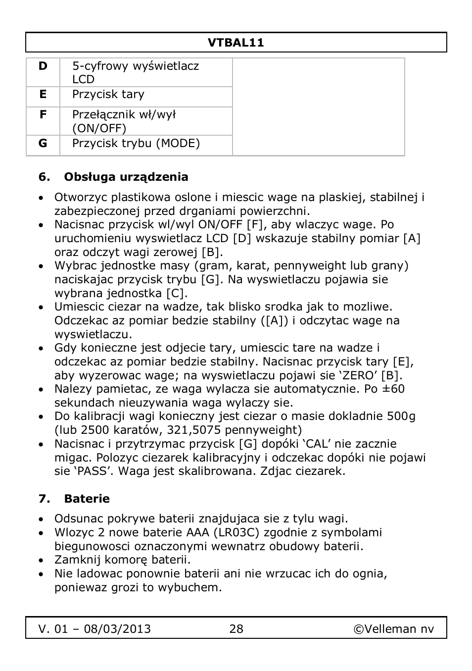 Obsługa urządzenia, Baterie | Velleman VTBAL11 User Manual | Page 28 / 36