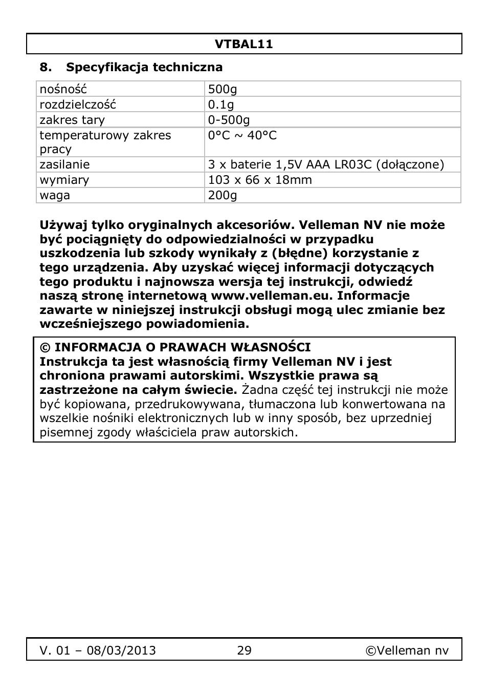 Specyfikacja techniczna | Velleman VTBAL11 User Manual | Page 29 / 36