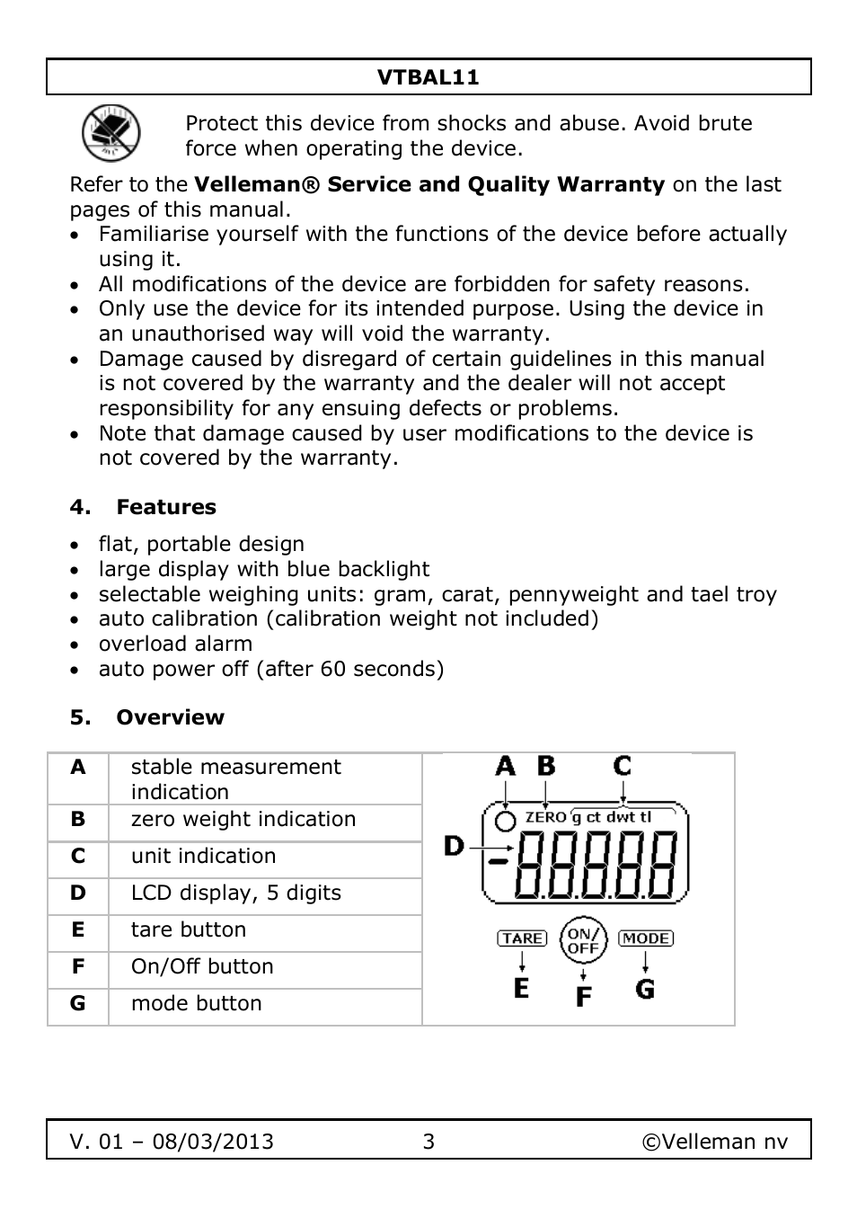 Features, Overview | Velleman VTBAL11 User Manual | Page 3 / 36