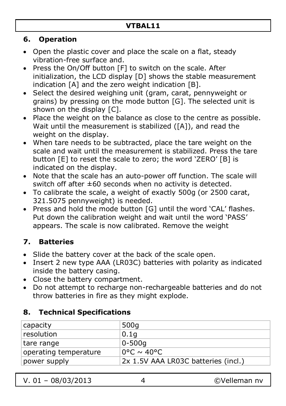 Operation, Batteries, Technical specifications | Velleman VTBAL11 User Manual | Page 4 / 36