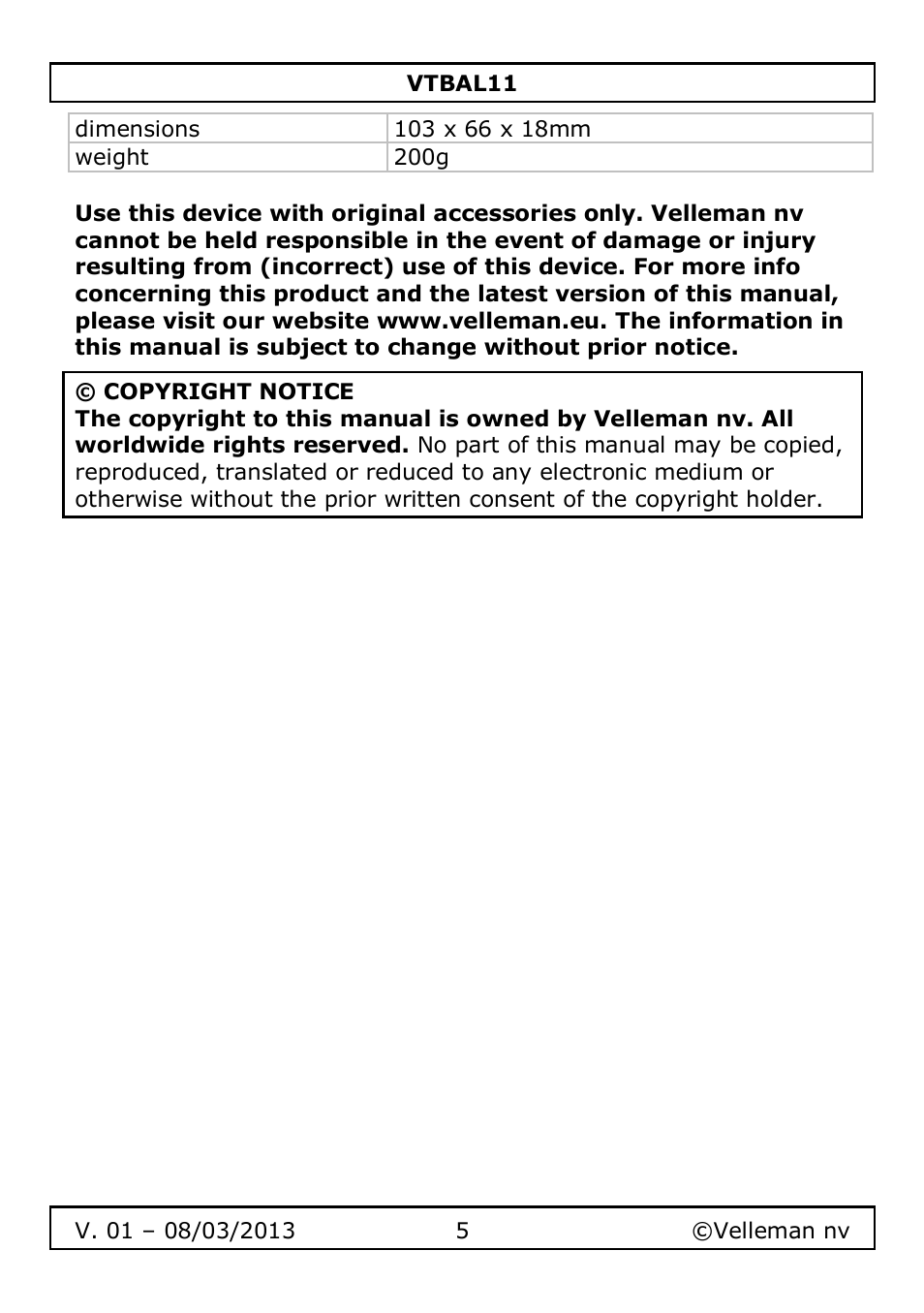 Velleman VTBAL11 User Manual | Page 5 / 36