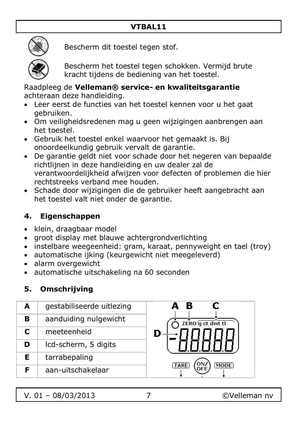 Eigenschappen, Omschrijving | Velleman VTBAL11 User Manual | Page 7 / 36