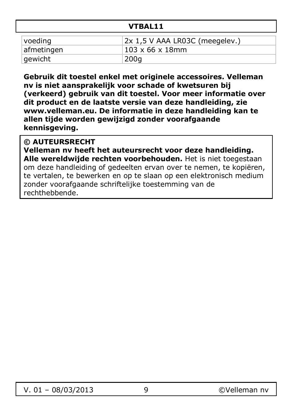 Velleman VTBAL11 User Manual | Page 9 / 36