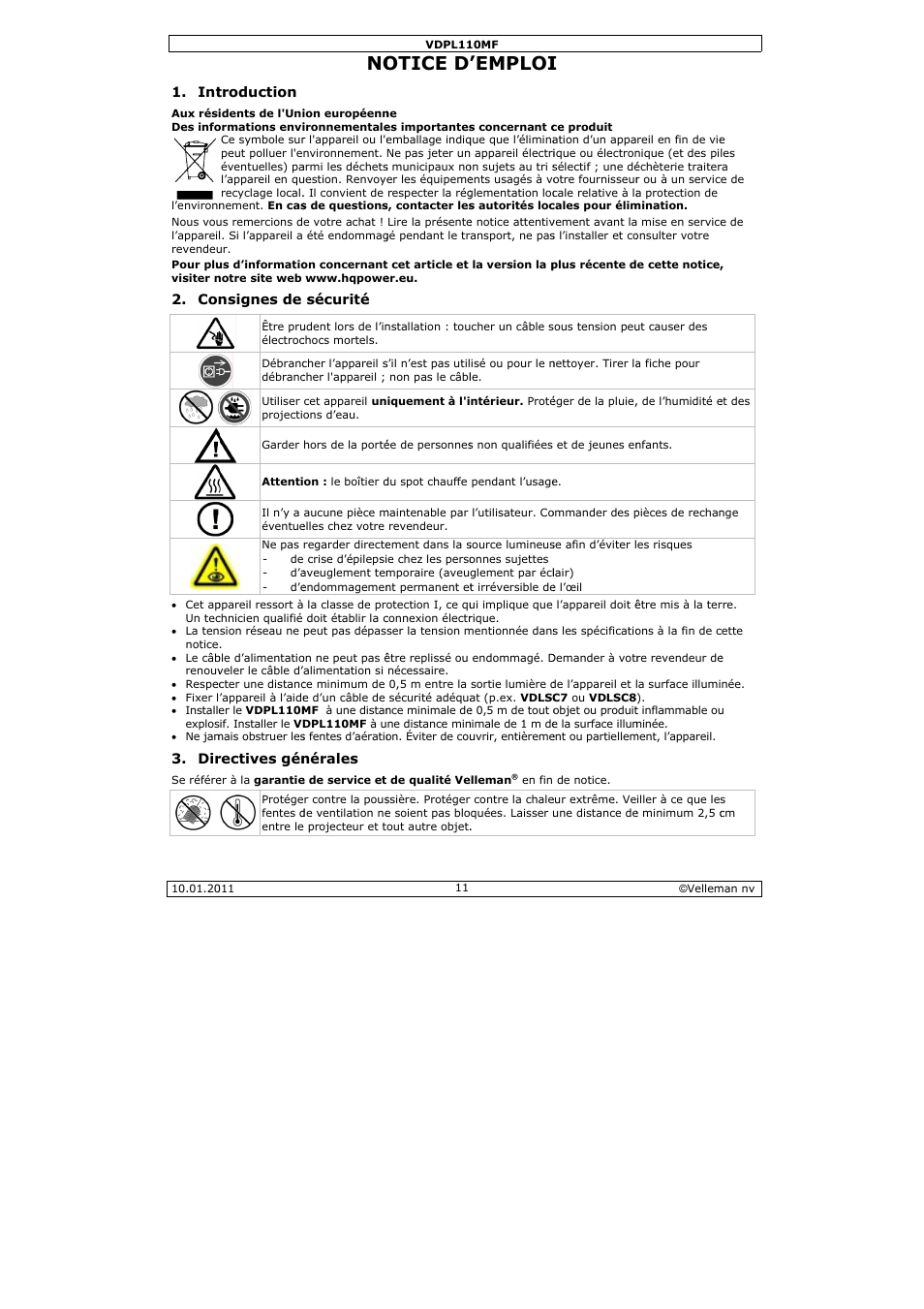 Otice d, Emploi | Velleman VDPL110MF User Manual | Page 11 / 24