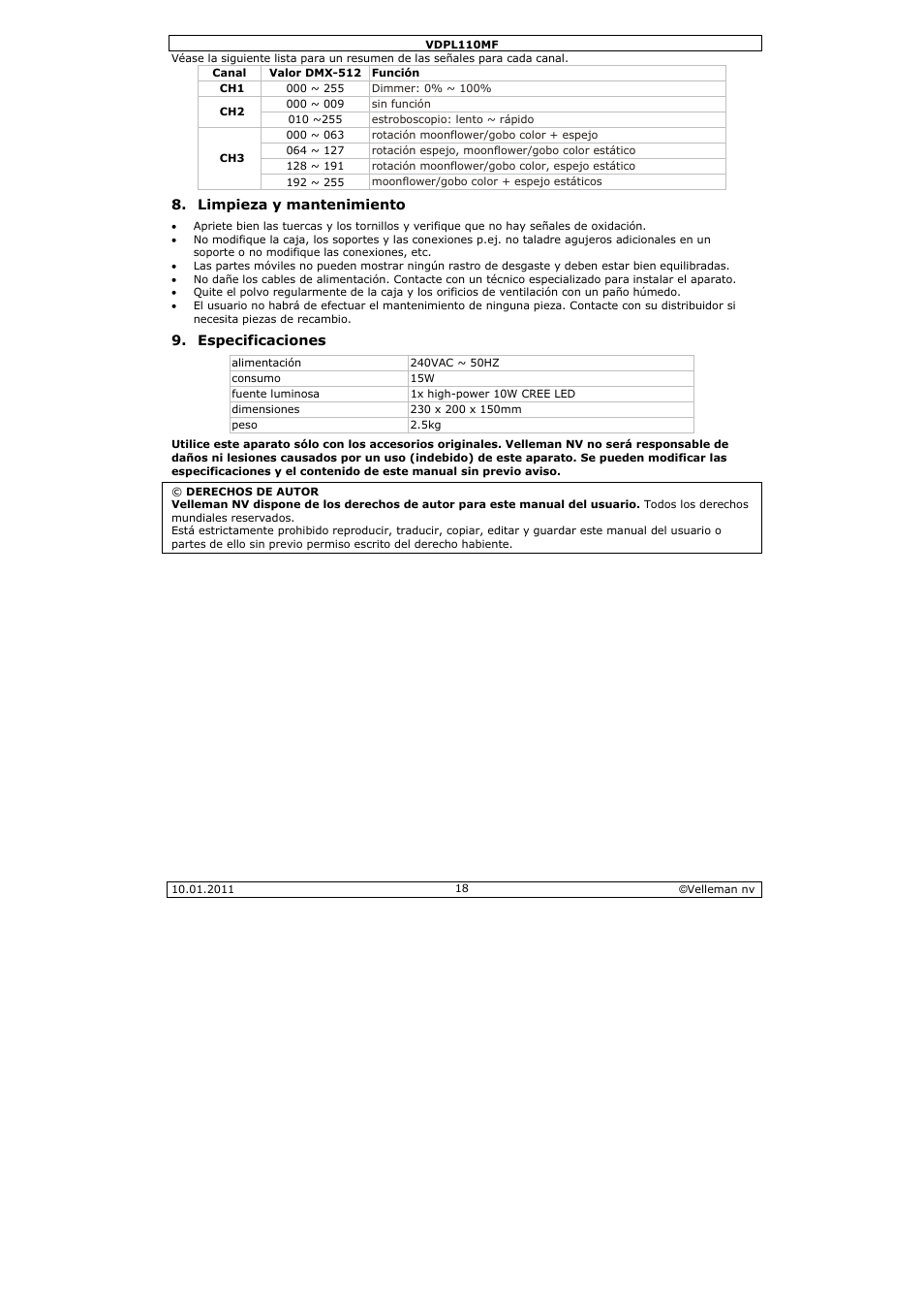 Velleman VDPL110MF User Manual | Page 18 / 24