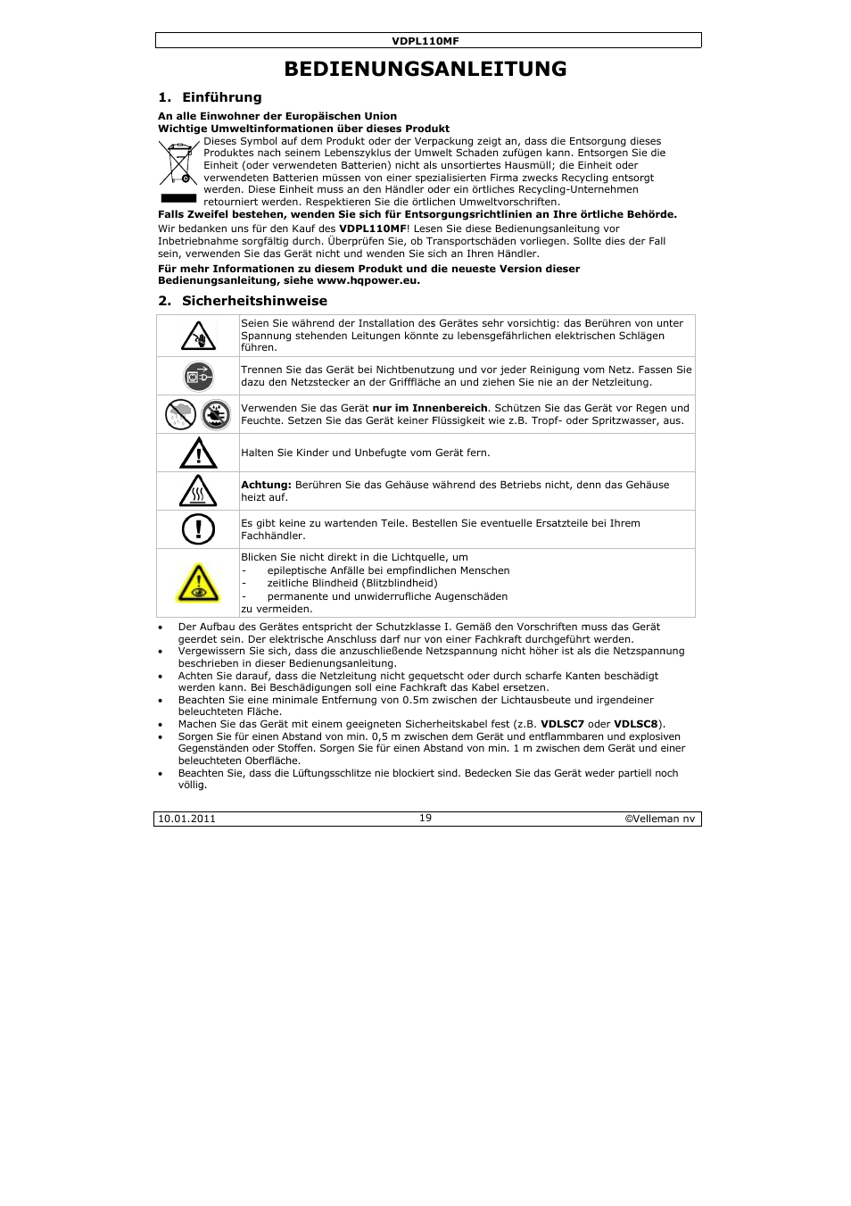 Bedien, Nungs, Sanleit | Tung | Velleman VDPL110MF User Manual | Page 19 / 24