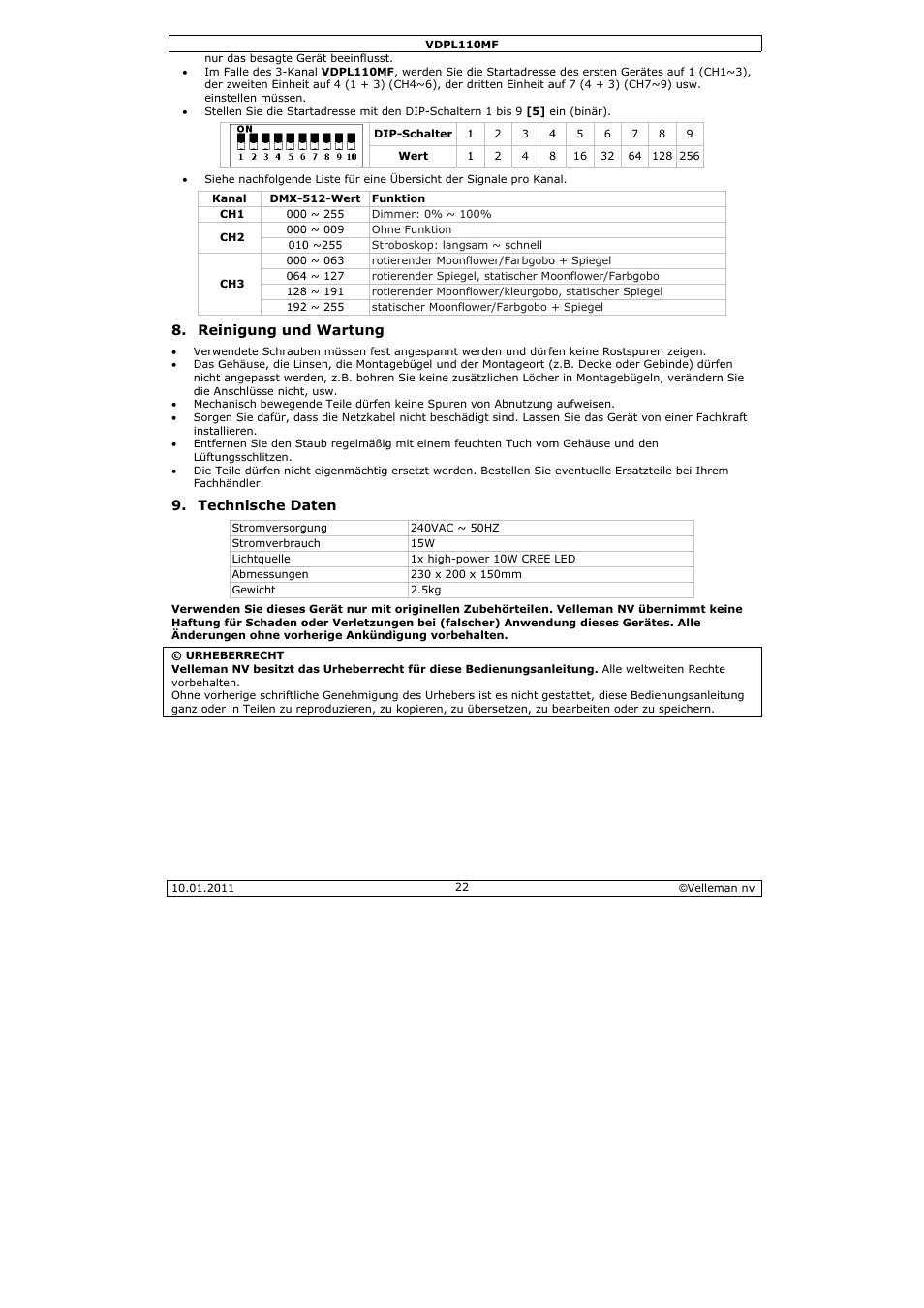 Velleman VDPL110MF User Manual | Page 22 / 24