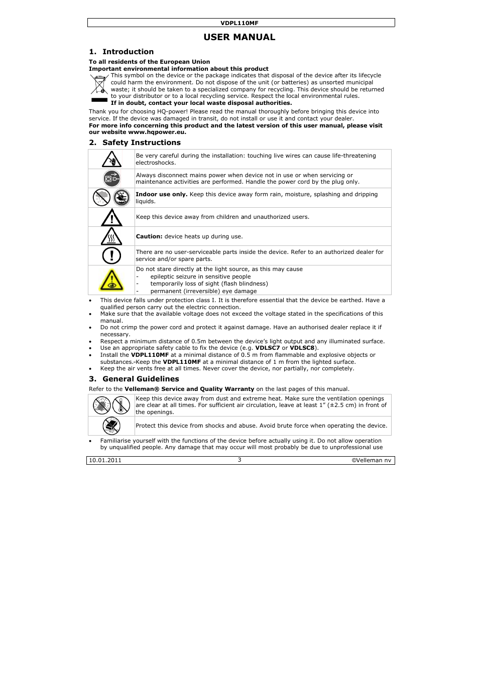 User ma, Anual | Velleman VDPL110MF User Manual | Page 3 / 24