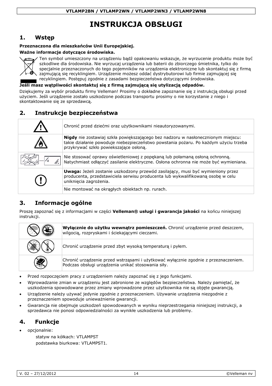 Instrukcja obsługi, Nstruk, Kcja o | Obsłu, Wstę, Instr, Infor, Funk, Rukcje be, Rmacje o | Velleman VTLAMP2BN User Manual | Page 14 / 17