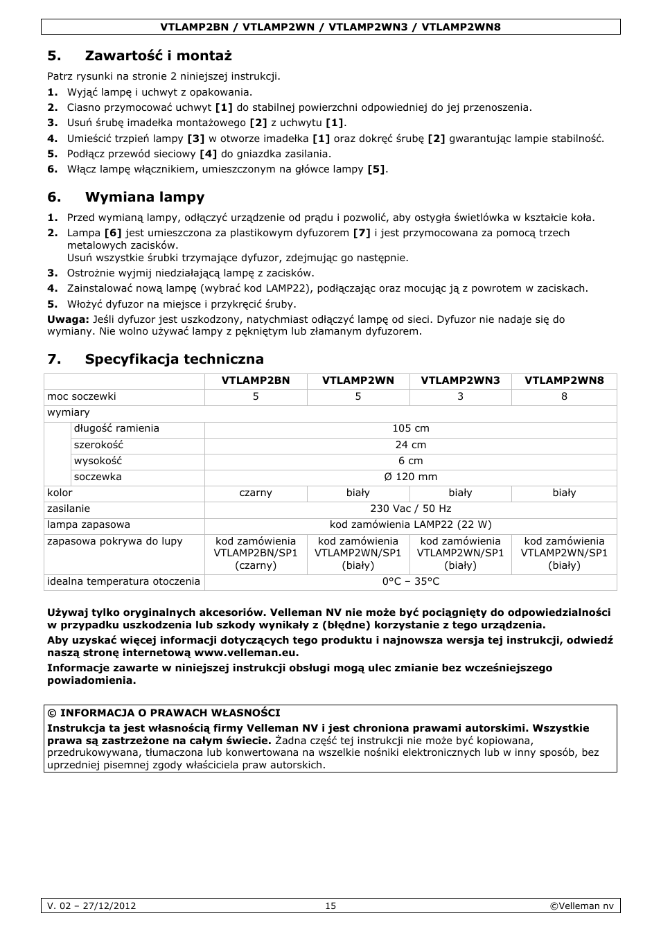 Zawartość i montaż, Wymiana lampy, Specyfikacja techniczna | Velleman VTLAMP2BN User Manual | Page 15 / 17