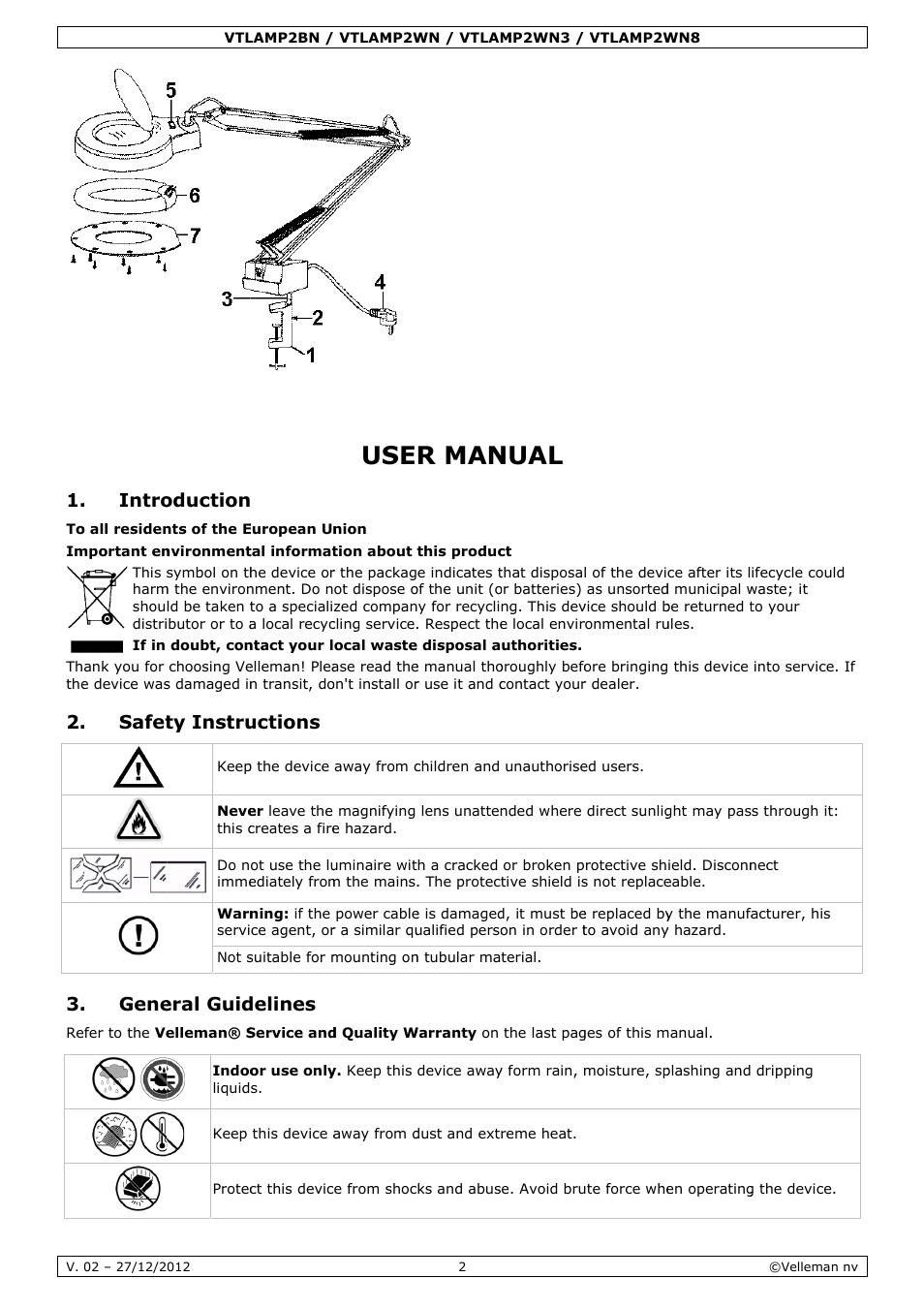 User manual, R man, Nual | Intro, Safet, Gene, Oduction, Ty instru, Eral guid, Uctions | Velleman VTLAMP2BN User Manual | Page 2 / 17