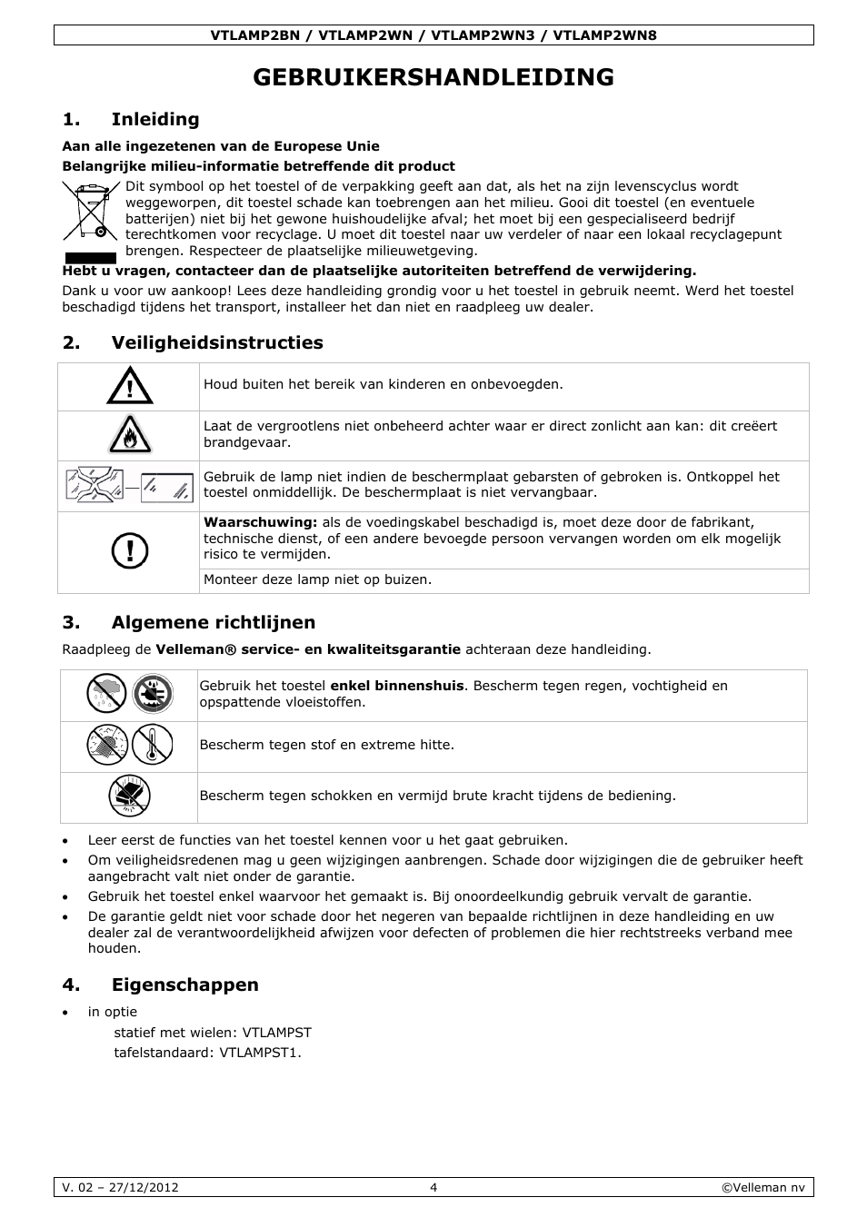 Gebruikershandleiding, Gebr, Ruiker | Rshan, Ndleid, Inlei, Veilig, Algem, Eigen, Ding | Velleman VTLAMP2BN User Manual | Page 4 / 17