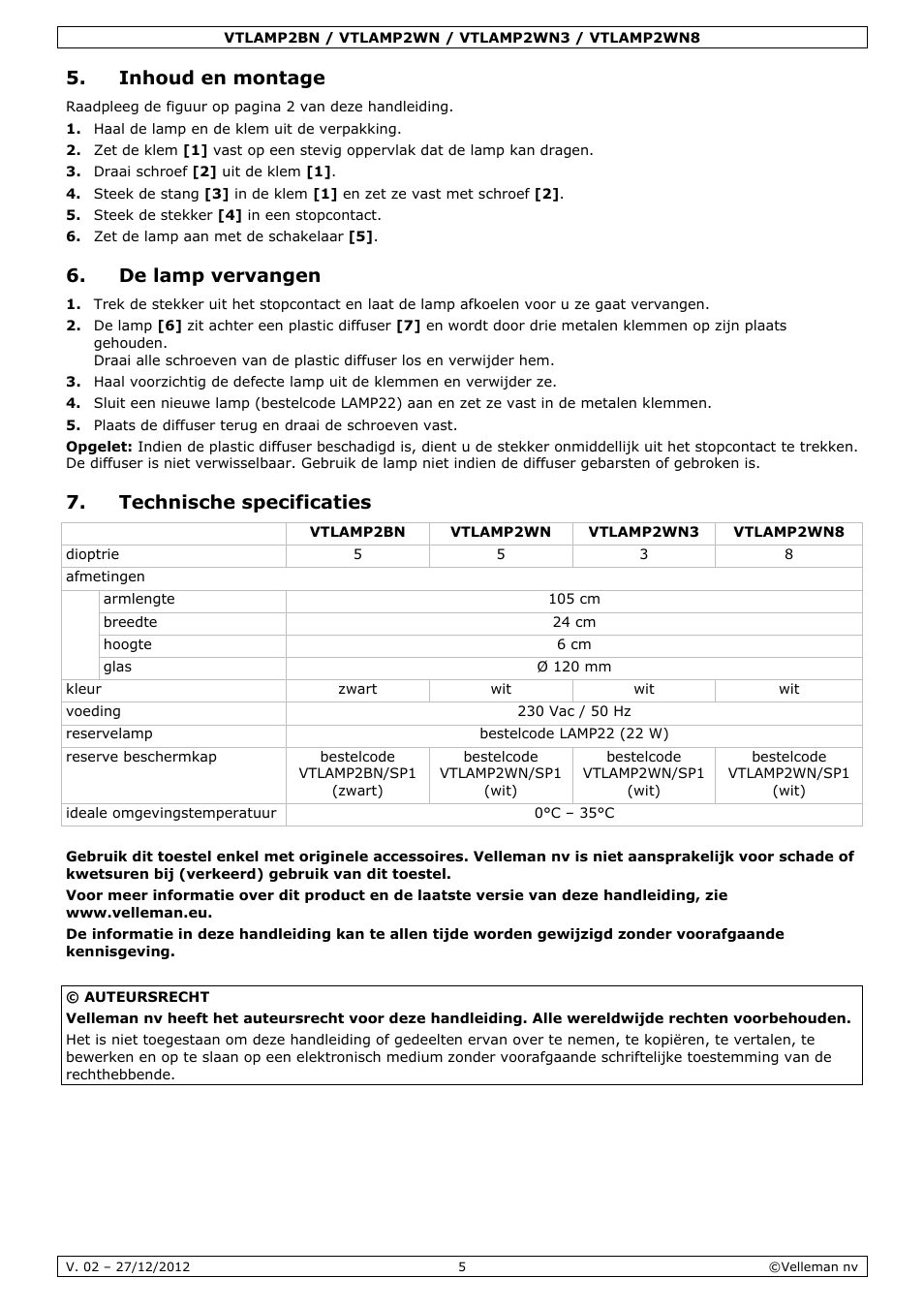 Inhoud en montage, De lamp vervangen, Technische specificaties | Velleman VTLAMP2BN User Manual | Page 5 / 17