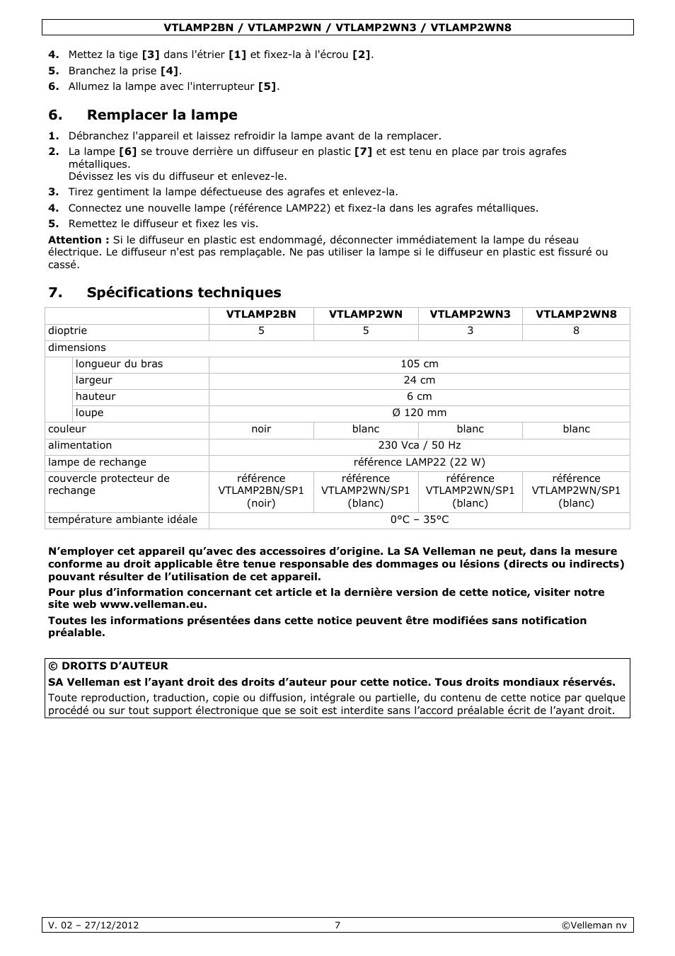 Remplacer la lampe, Spécifications techniques | Velleman VTLAMP2BN User Manual | Page 7 / 17