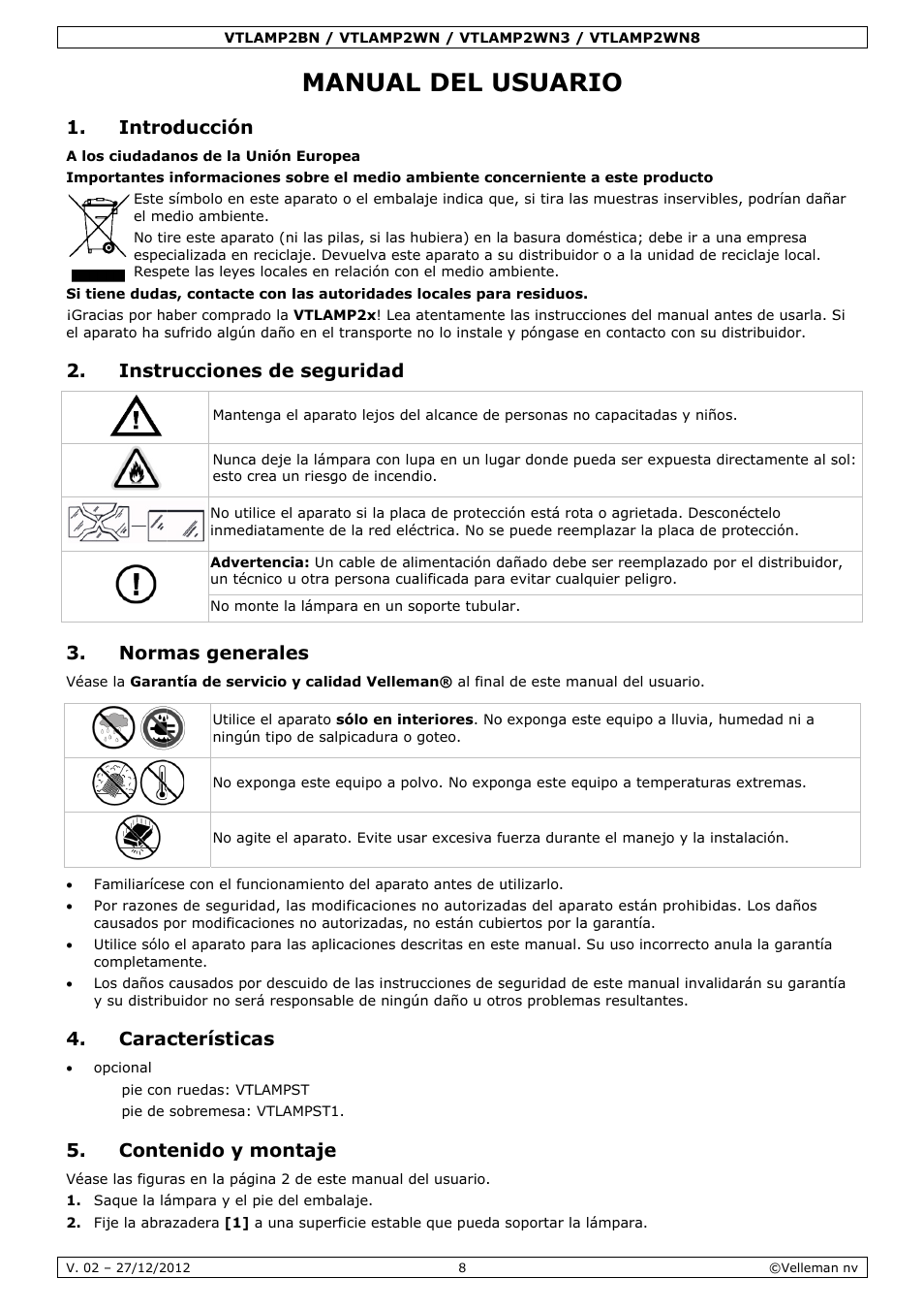 Manual del usuario, Anual, L del u | Usuar, Intro, Instr, Norm, Cara, Cont, Oducción | Velleman VTLAMP2BN User Manual | Page 8 / 17