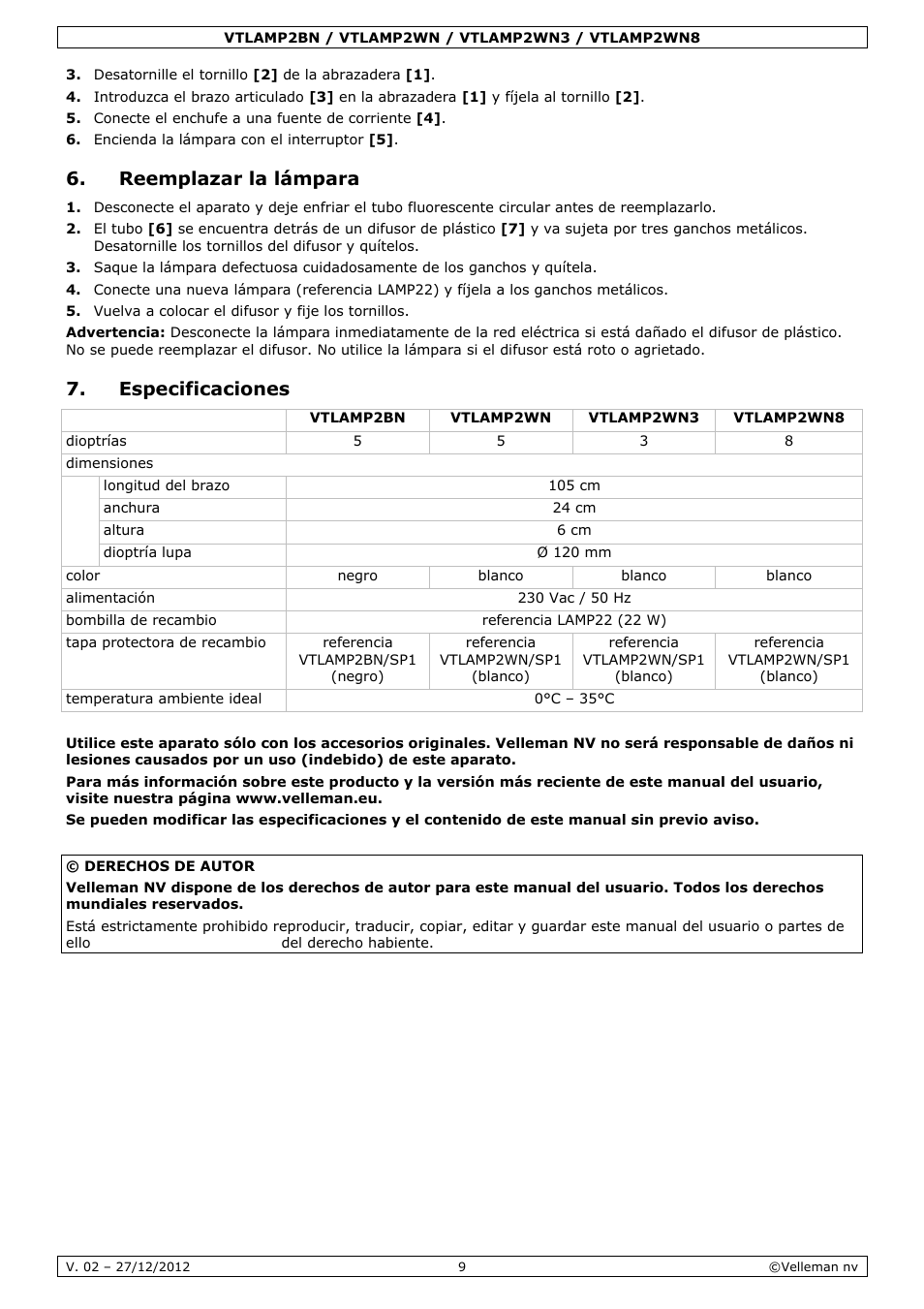 Reemplazar la lámpara, Especificaciones | Velleman VTLAMP2BN User Manual | Page 9 / 17