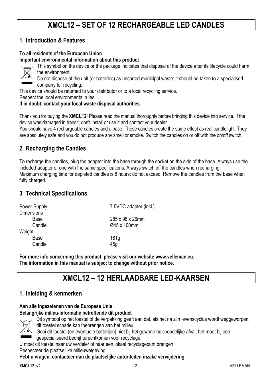 Xmcl12 – set of 12 rechargeable led candles, Xmcl12 – 12 herlaadbare led-kaarsen | Velleman XMCL12 User Manual | Page 2 / 7