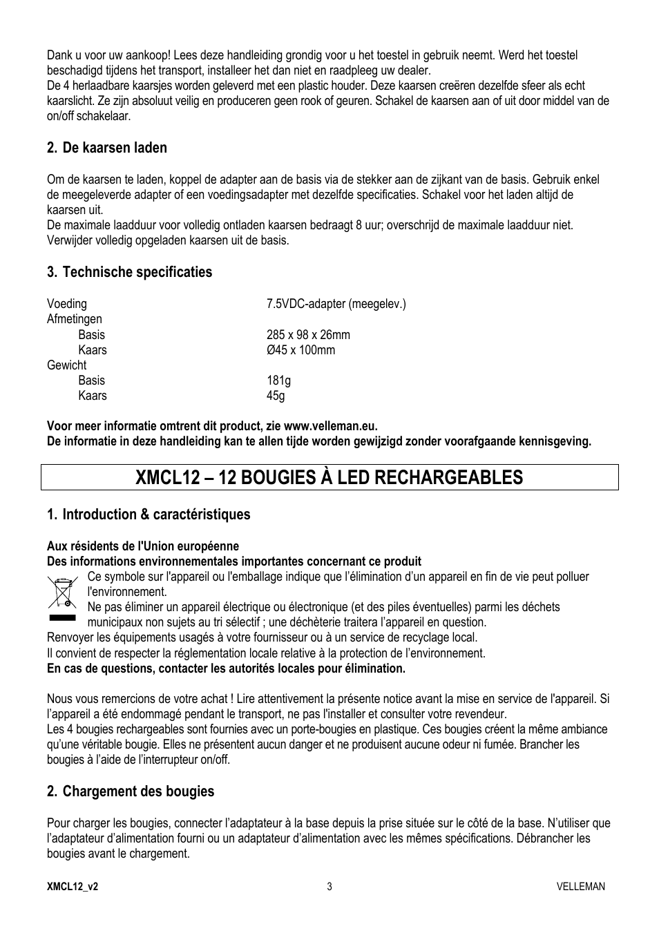 Xmcl12 – 12 bougies à led rechargeables | Velleman XMCL12 User Manual | Page 3 / 7