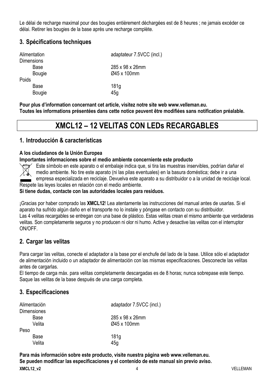 Xmcl12 – 12 velitas con leds recargables | Velleman XMCL12 User Manual | Page 4 / 7
