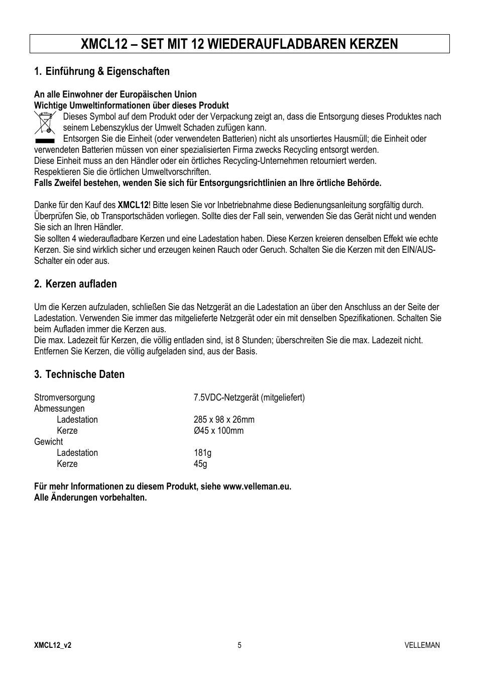 Xmcl12 – set mit 12 wiederaufladbaren kerzen | Velleman XMCL12 User Manual | Page 5 / 7