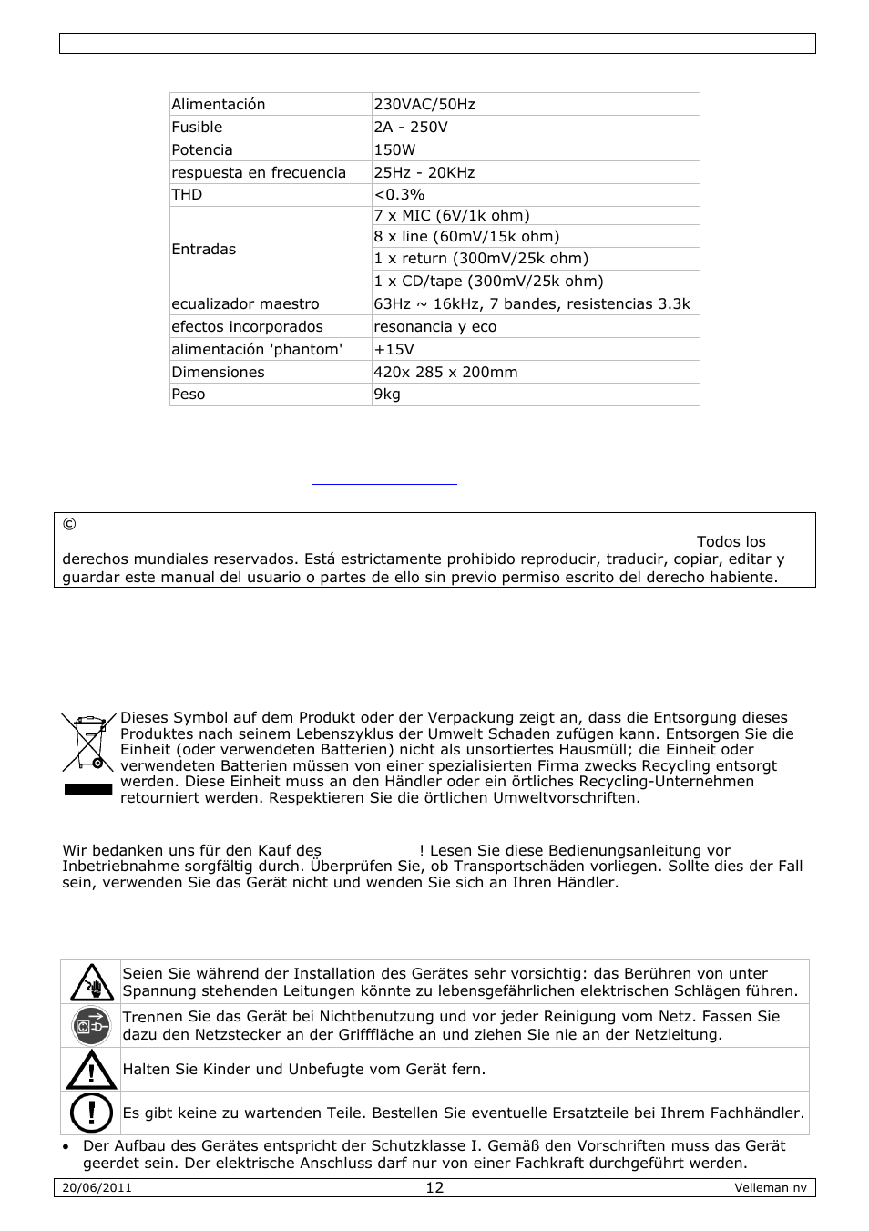 Bedienungsanleitung, Dienun, Ngsan | Nleitu | Velleman VDSPROM8 User Manual | Page 12 / 16