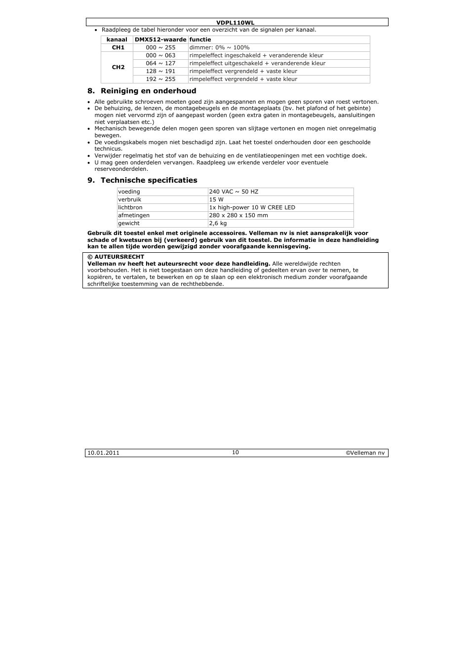 Velleman VDPL110WL User Manual | Page 10 / 24