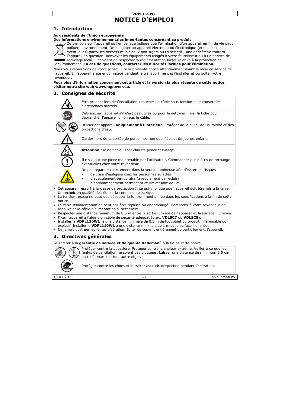 Otice d, Emploi | Velleman VDPL110WL User Manual | Page 11 / 24