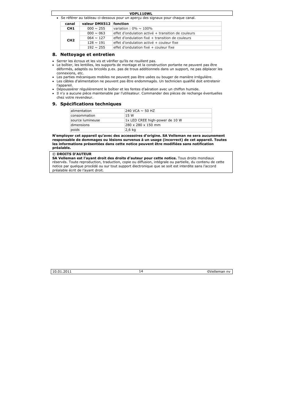 Velleman VDPL110WL User Manual | Page 14 / 24