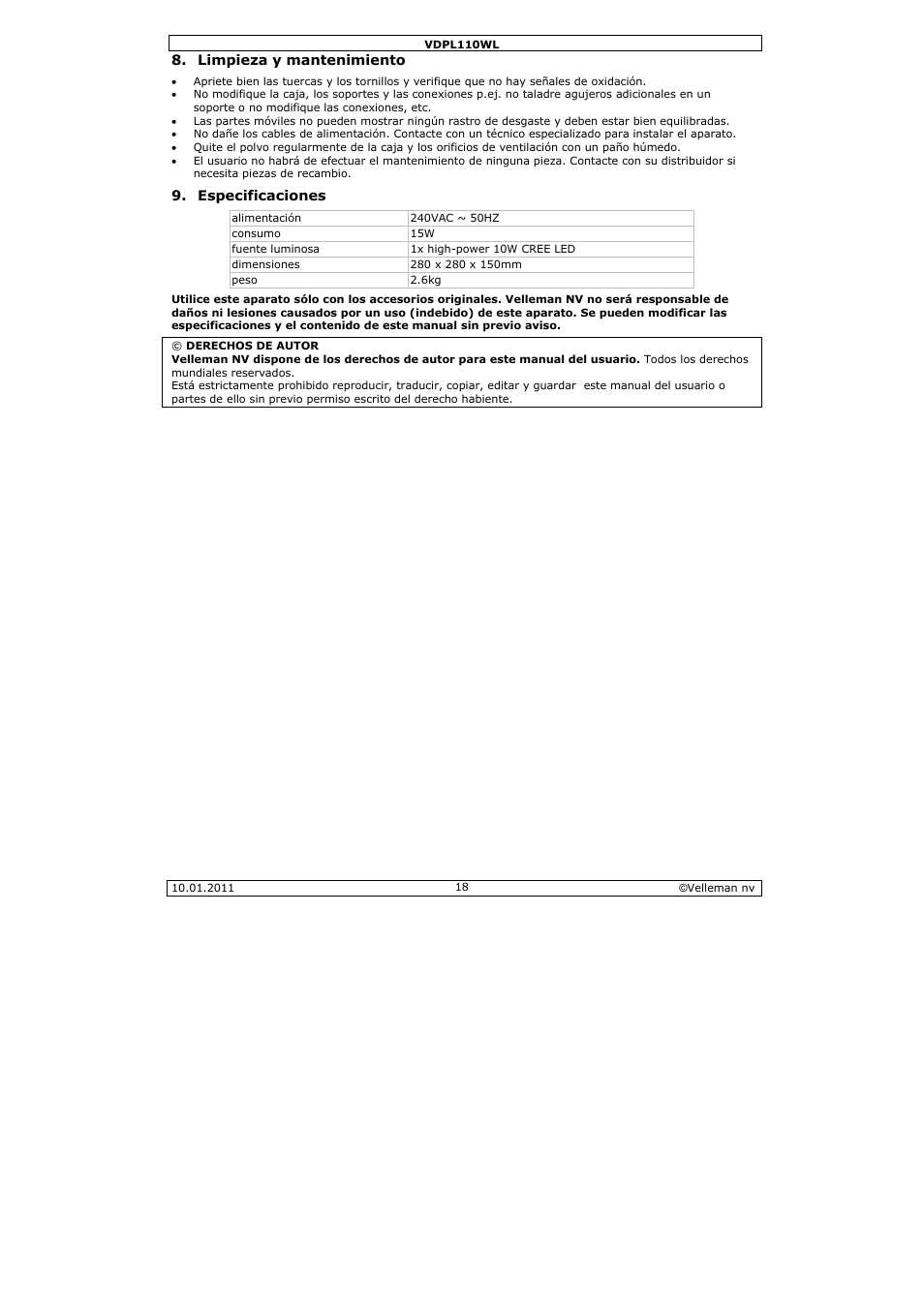 Velleman VDPL110WL User Manual | Page 18 / 24