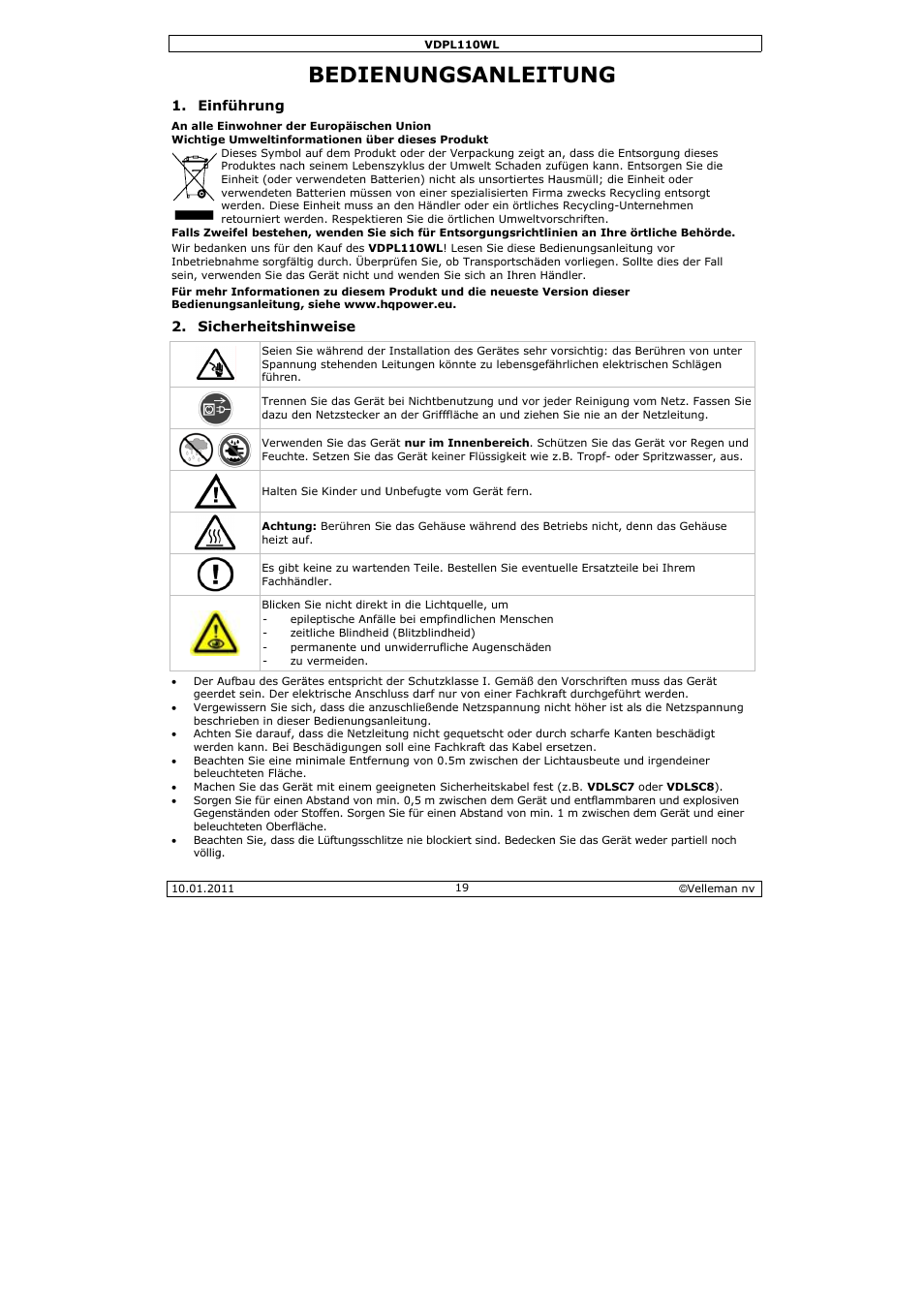 Bedien, Nungs, Sanleit | Tung | Velleman VDPL110WL User Manual | Page 19 / 24