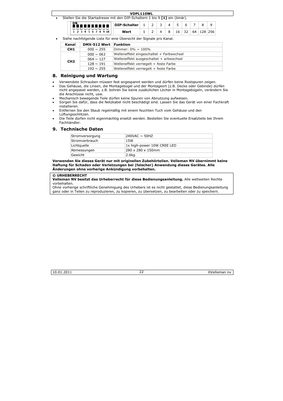 Velleman VDPL110WL User Manual | Page 22 / 24