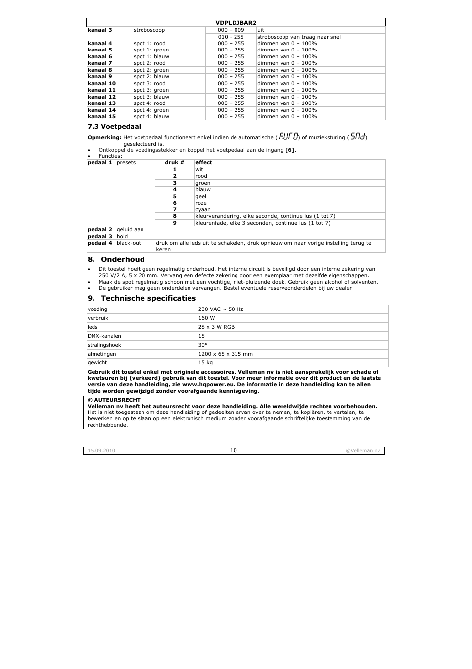 Derhoud, Chnische sp, Pecificaties | Velleman VDPLDJBAR2 User Manual | Page 10 / 24