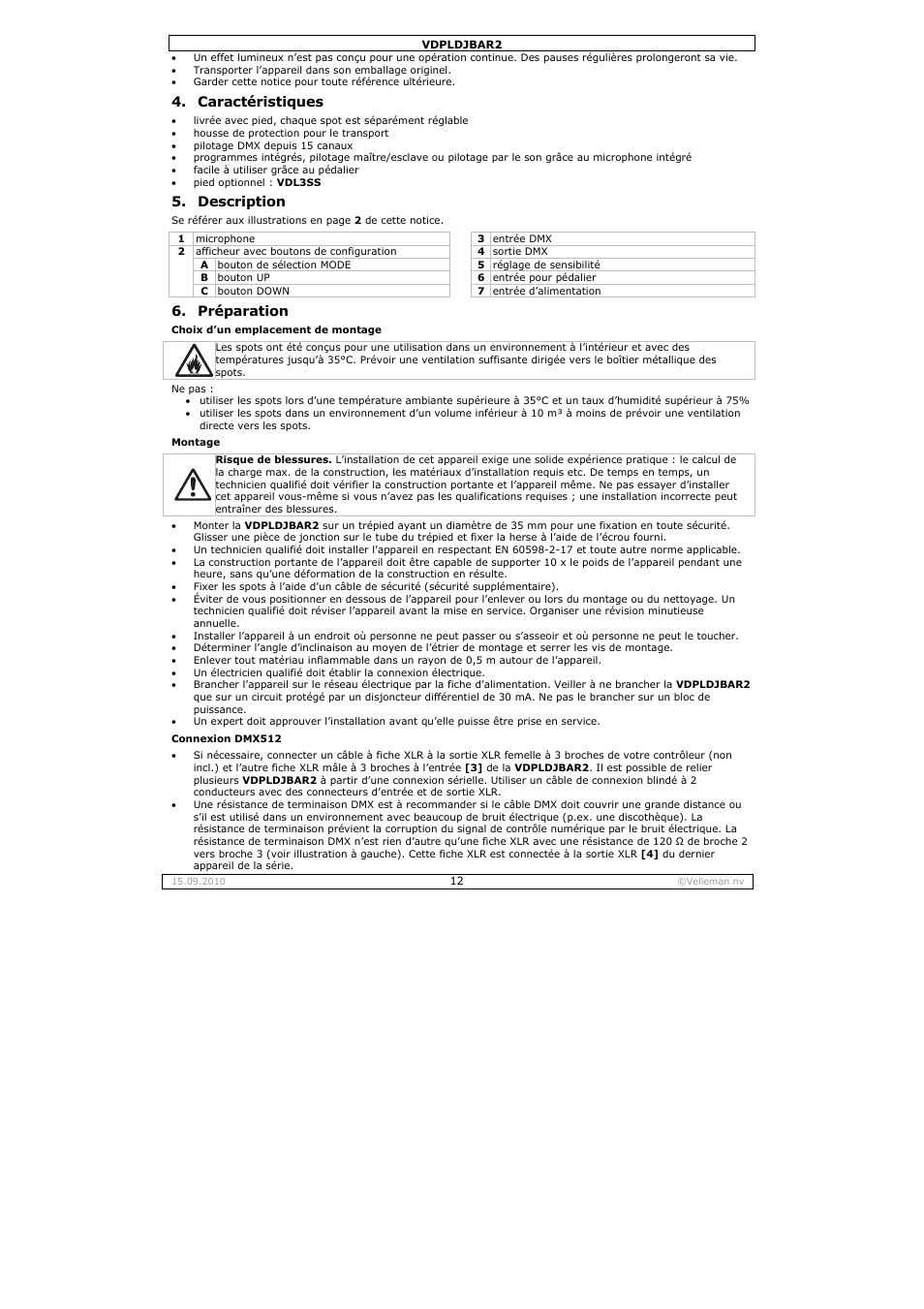 Caractéristiques, Description, Préparation | Velleman VDPLDJBAR2 User Manual | Page 12 / 24