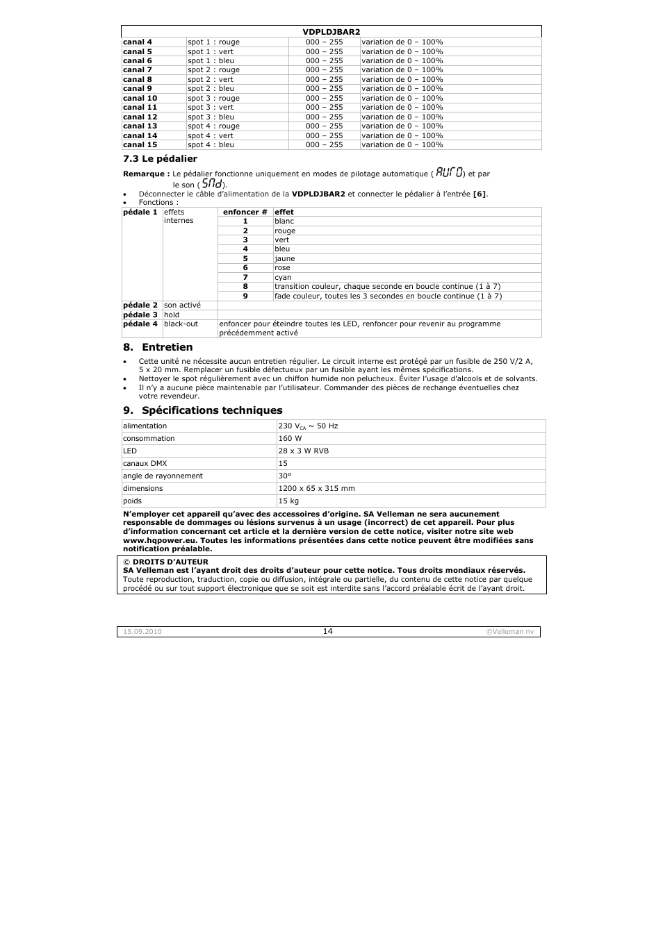 Tretien, Écifications, S techniques | Velleman VDPLDJBAR2 User Manual | Page 14 / 24