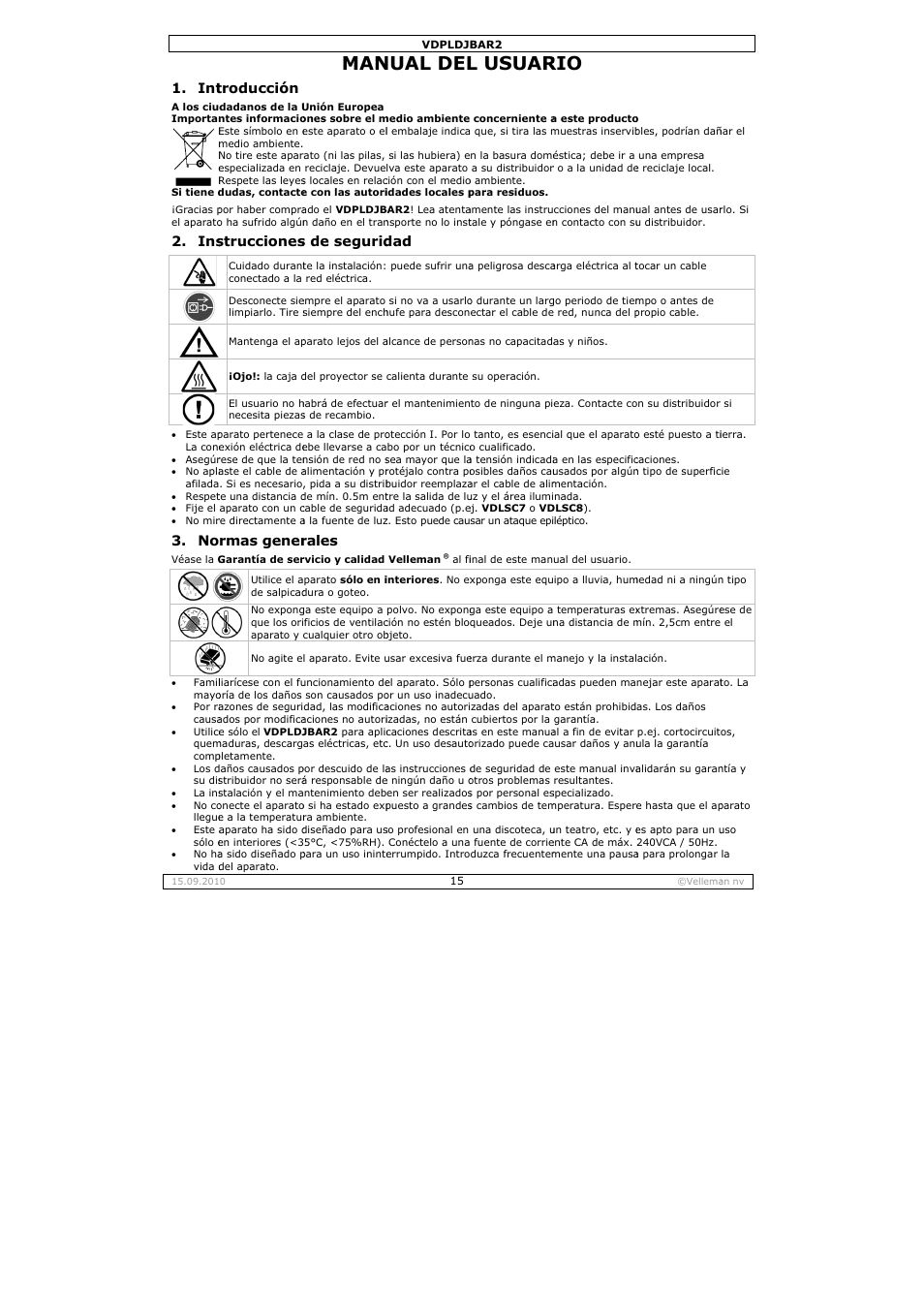 Nual del, L usuar, Troducción | Strucciones, Rmas gener, S de segurid, Rales | Velleman VDPLDJBAR2 User Manual | Page 15 / 24