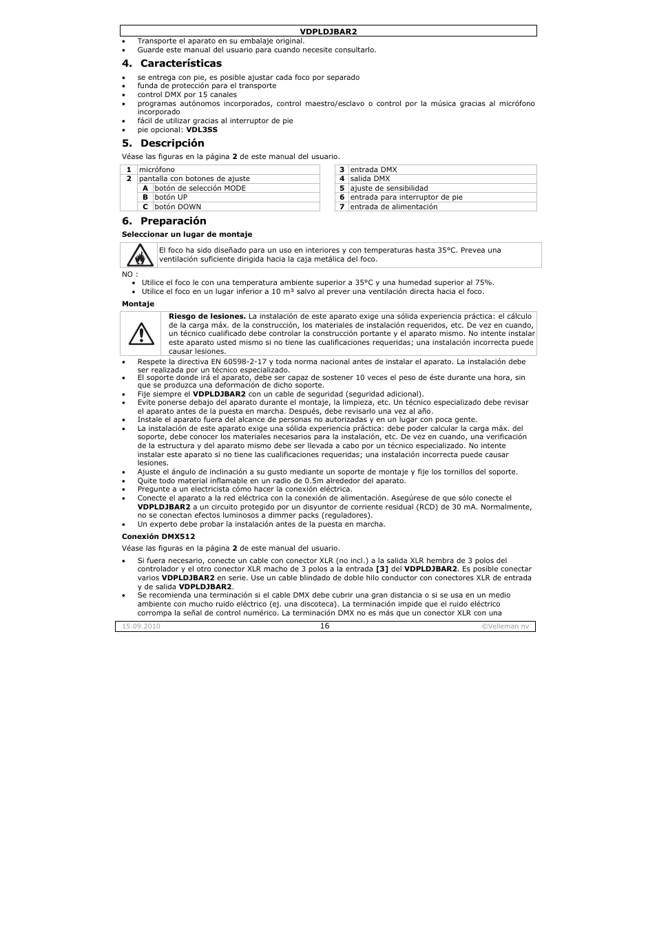 Características, Descripción, Preparación | Velleman VDPLDJBAR2 User Manual | Page 16 / 24