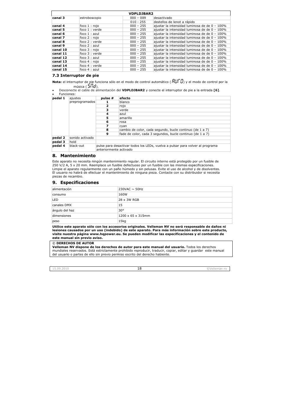 Ntenimient, Pecificacion | Velleman VDPLDJBAR2 User Manual | Page 18 / 24