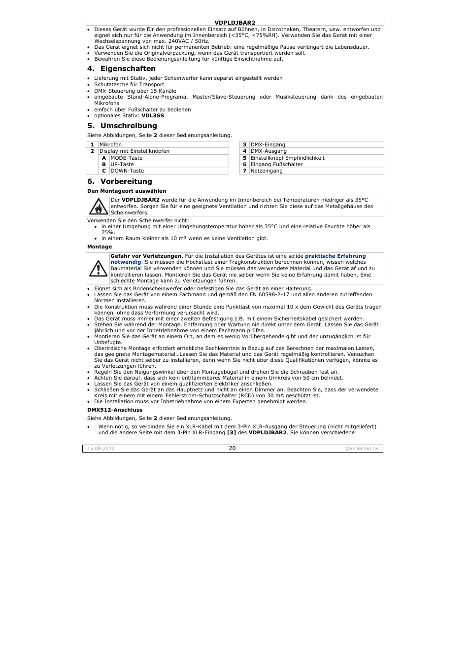 Eigenschaften, Umschreibung, Vorbereitung | Velleman VDPLDJBAR2 User Manual | Page 20 / 24
