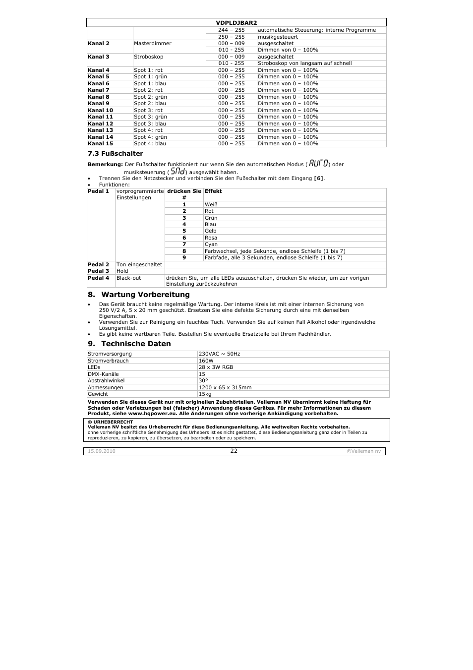 Artung vorb, Chnische da, Bereitung | Aten | Velleman VDPLDJBAR2 User Manual | Page 22 / 24