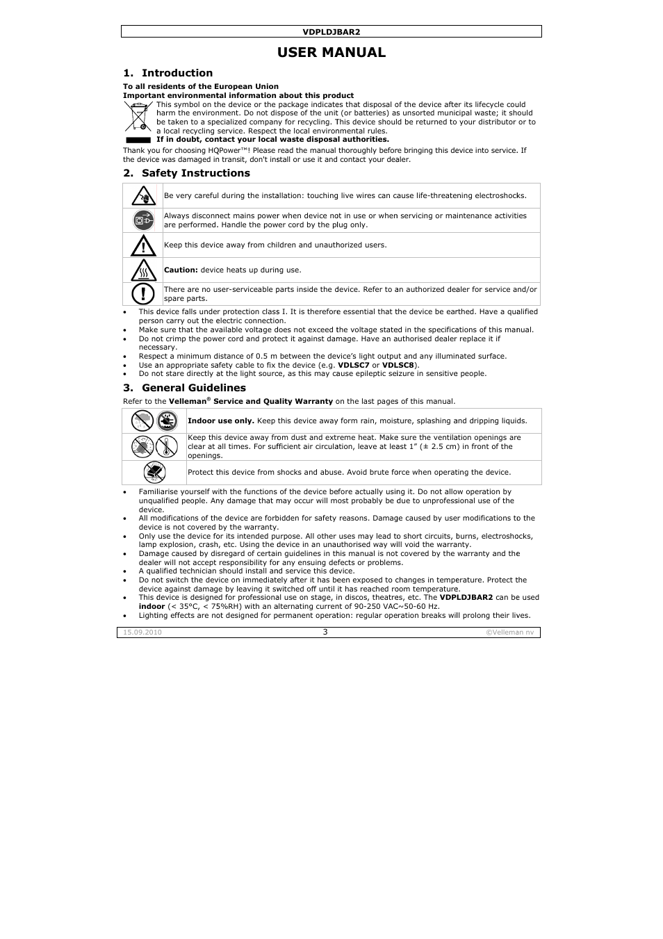 User ma, Anual, Troduction | Fety instruc, Neral guide, Ctions, Elines | Velleman VDPLDJBAR2 User Manual | Page 3 / 24