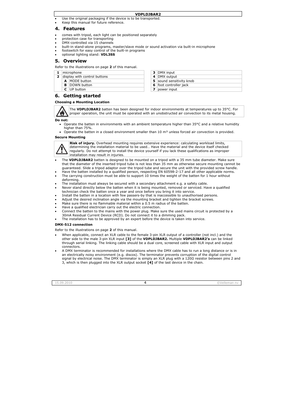 Features, Overview, Getting started | Velleman VDPLDJBAR2 User Manual | Page 4 / 24