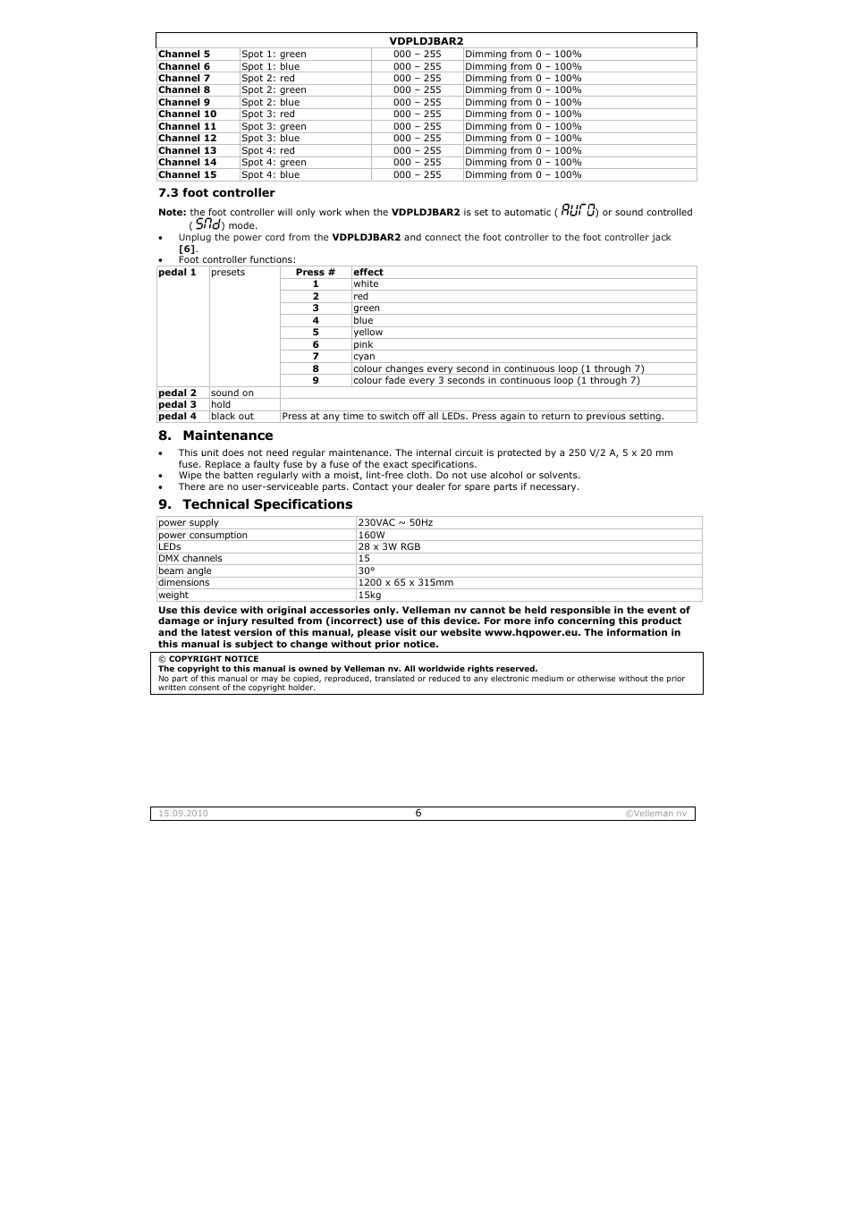 Intenance, Chnical spe, Ecifications | Velleman VDPLDJBAR2 User Manual | Page 6 / 24
